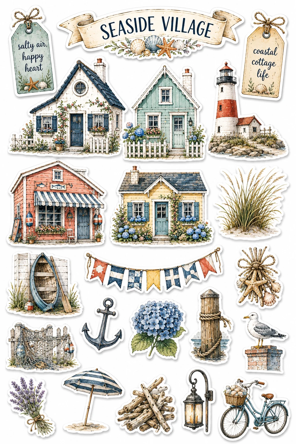 Seaside Village Coastal Cottage Lighthouse Sheet featuring cottagecore architecture, cozy village houses, seasonal cabins, and countryside farms.