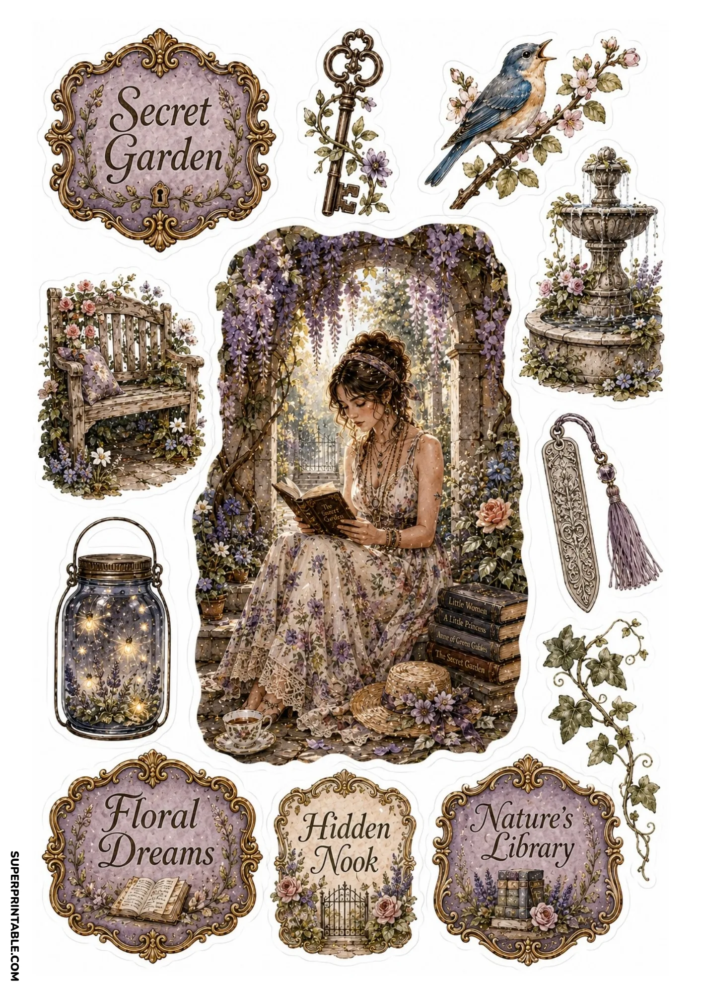 Woman reading under purple wisteria in a secret garden with stone fountain, firefly jar, and bluebird.