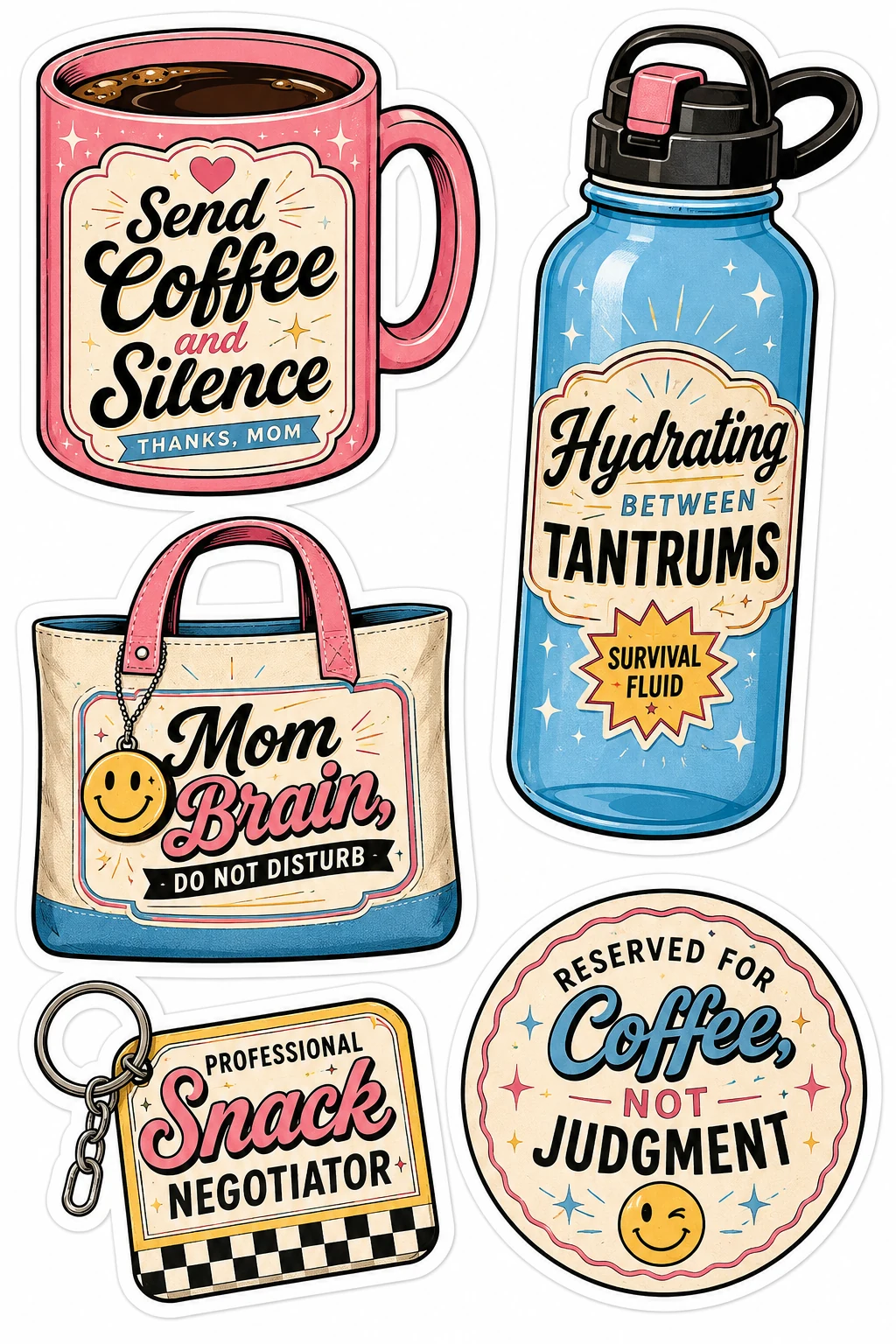 Send Coffee Silence Mom Brain Mug Sheet featuring motherhood humor, tired mom life, coffee & chaos, and parenting struggles.