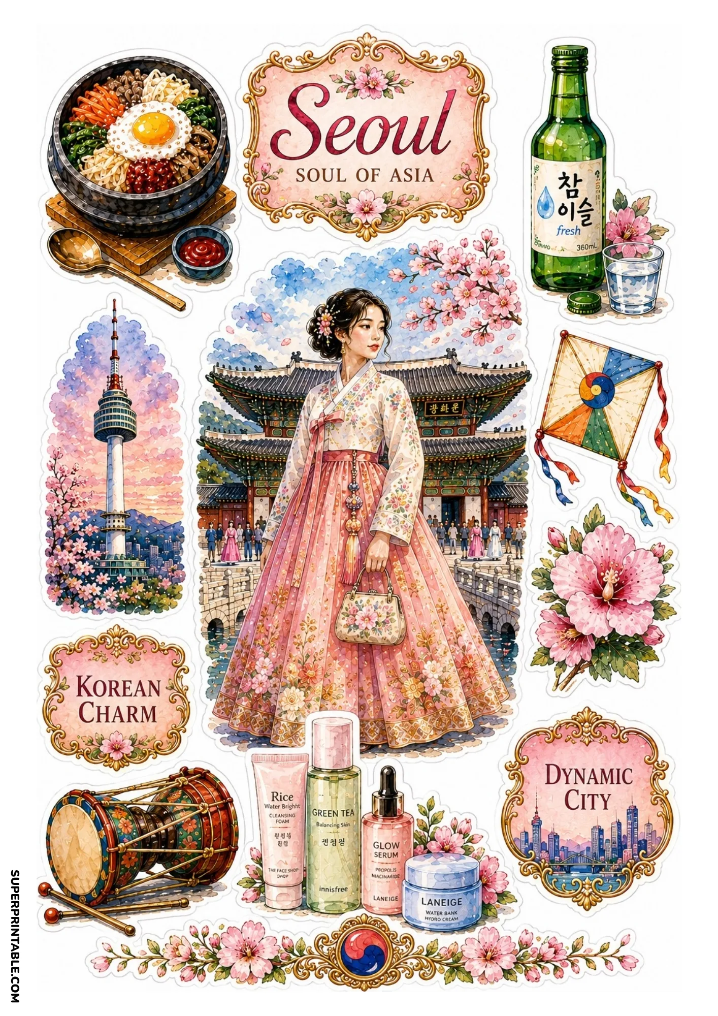Printable Seoul sticker sheet featuring hanbok dress, N Seoul Tower, and bibimbap