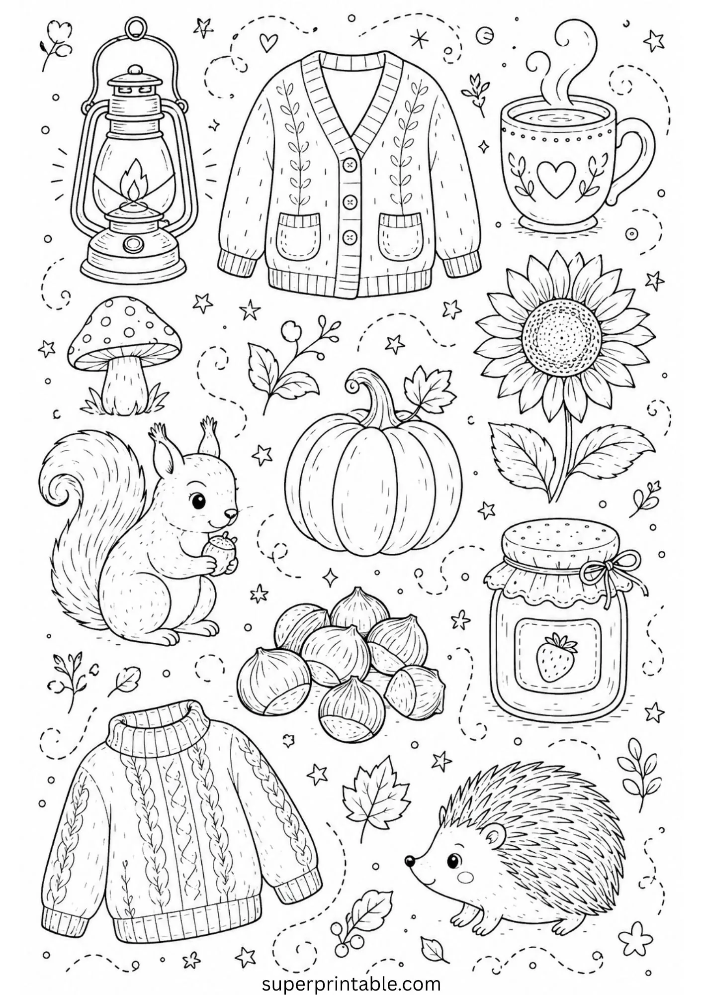 Detailed september doodle coloring page with a jar of homemade jam, squirrel, hedgehog, and warm knit sweaters.