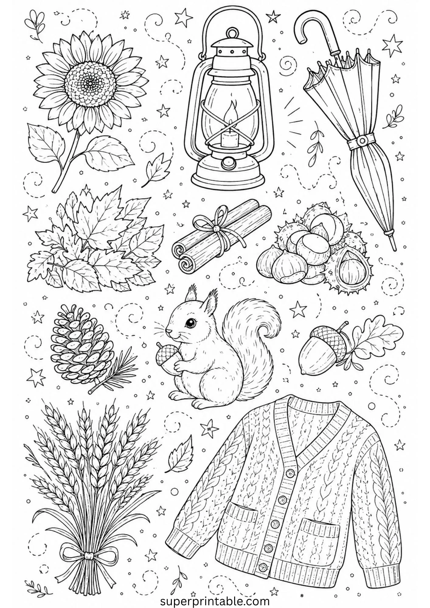 Autumn doodle artwork showing a glowing lantern, bundle of wheat, squirrel, and cable-knit cardigan.