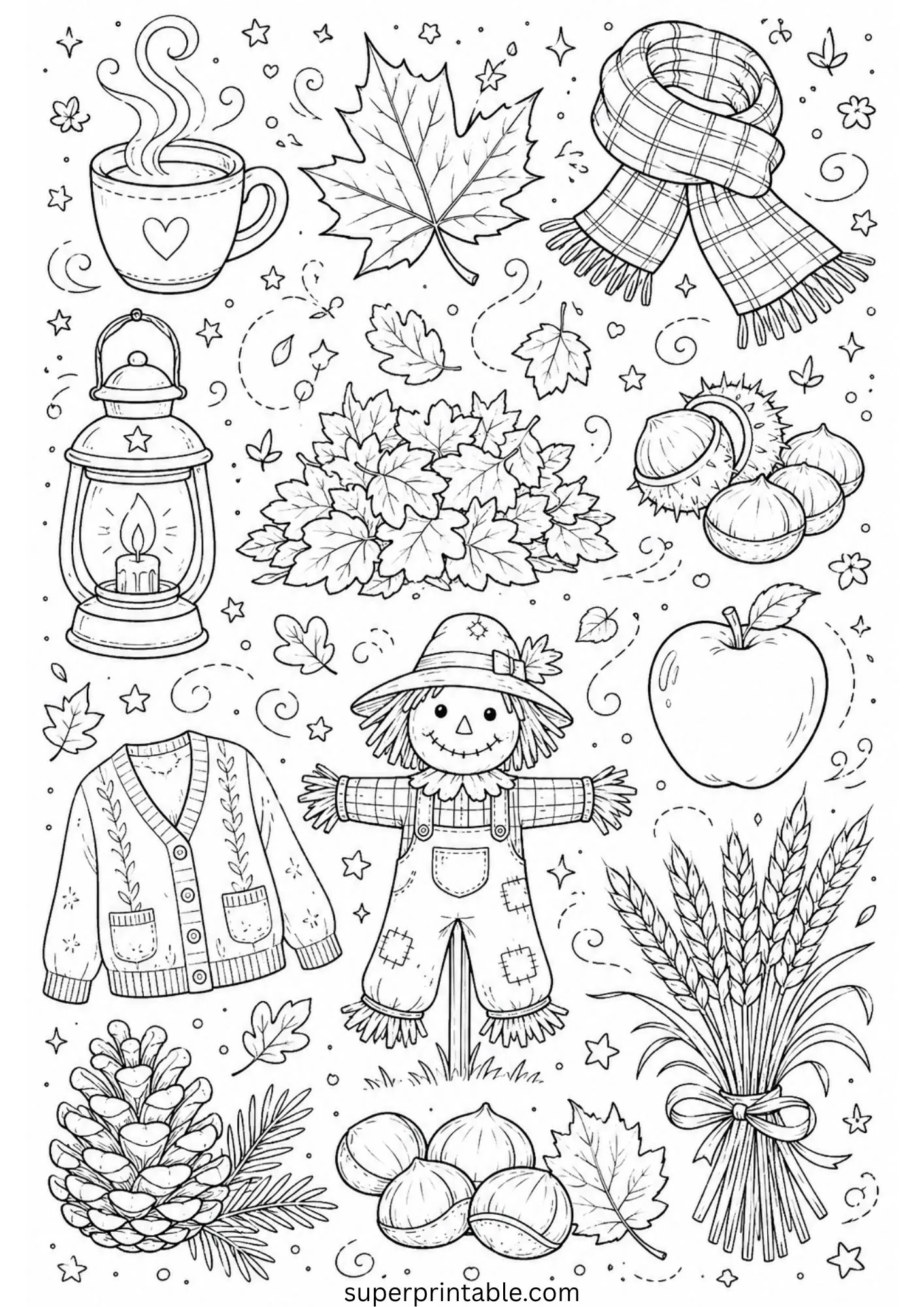 Autumn doodle line art showing a pile of fallen maple leaves, scarecrow, steaming mug, and pinecone.