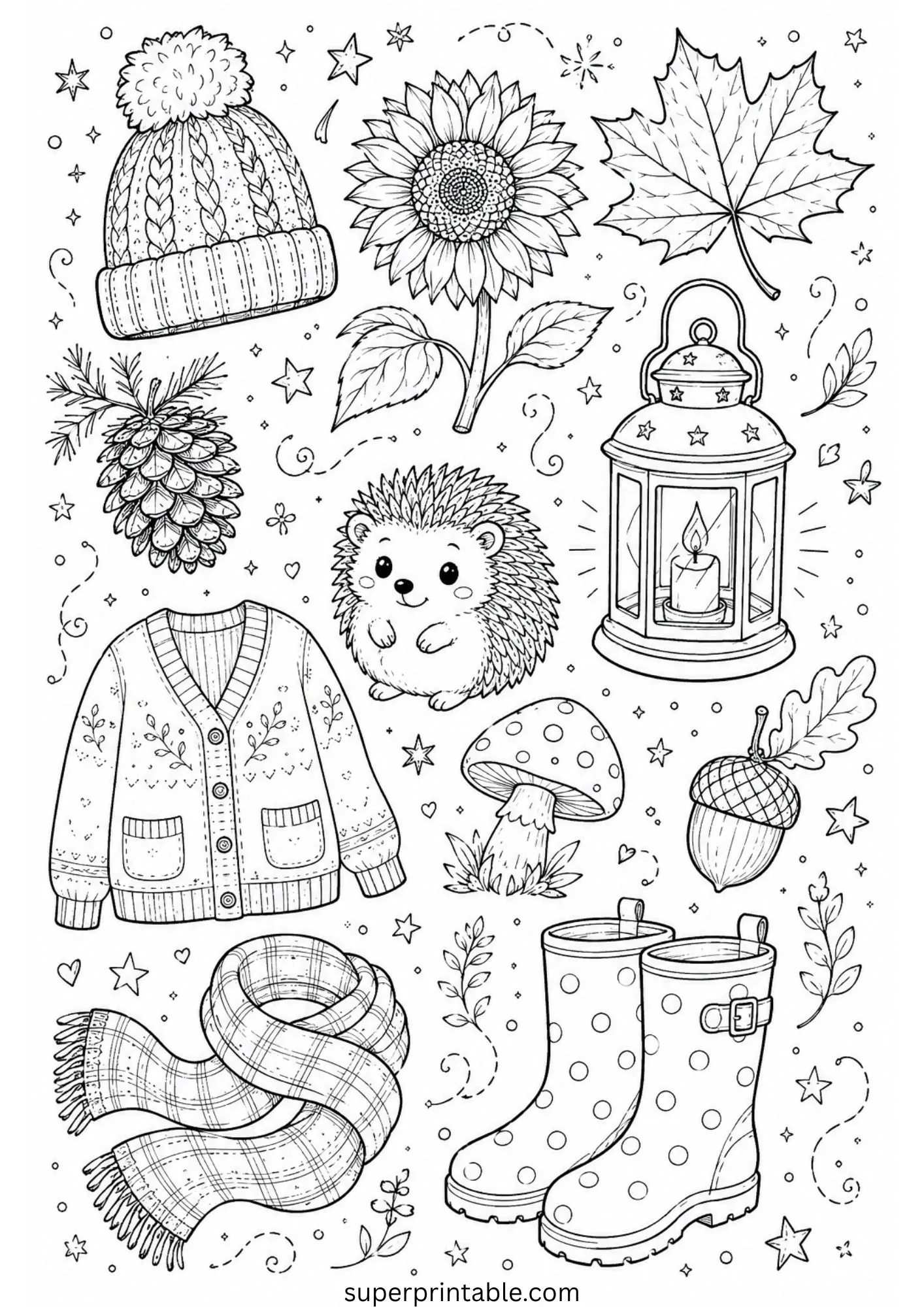 Detailed september doodle coloring pages featuring cozy autumn items like a beanie, hedgehog, lantern, and rain boots.