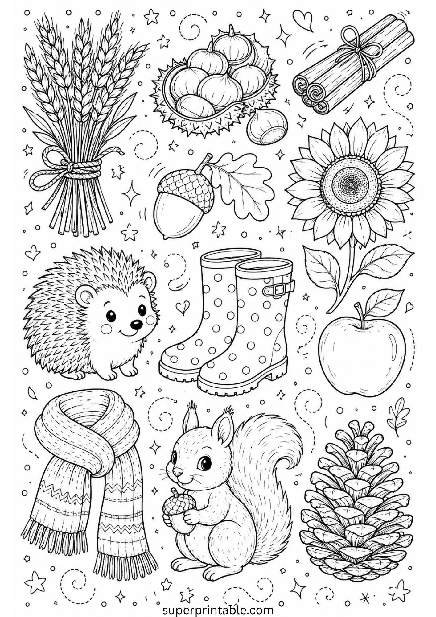 September doodle featuring a cute squirrel with an acorn, hedgehog, cinnamon sticks, and sunflower.