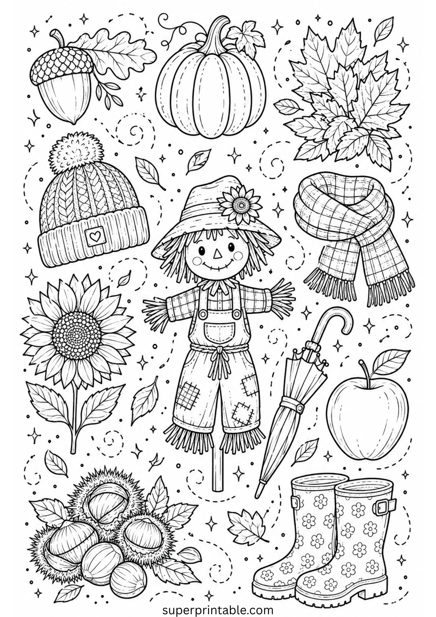 Coloring sheet centered around a cute smiling scarecrow surrounded by sunflowers, pumpkins, and chestnuts.