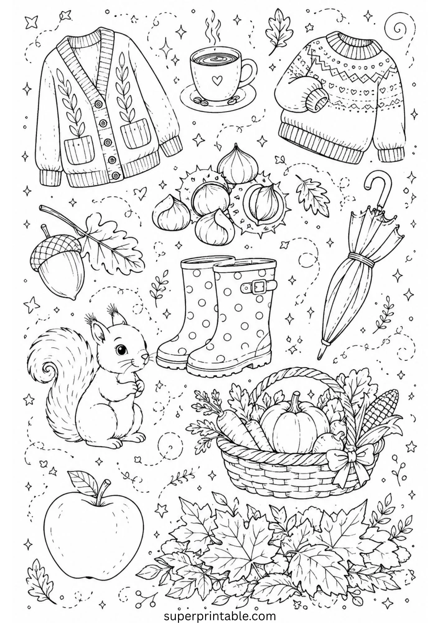 Fall doodle sheet featuring cardigans, a basket of harvested vegetables, squirrel, and rain boots.