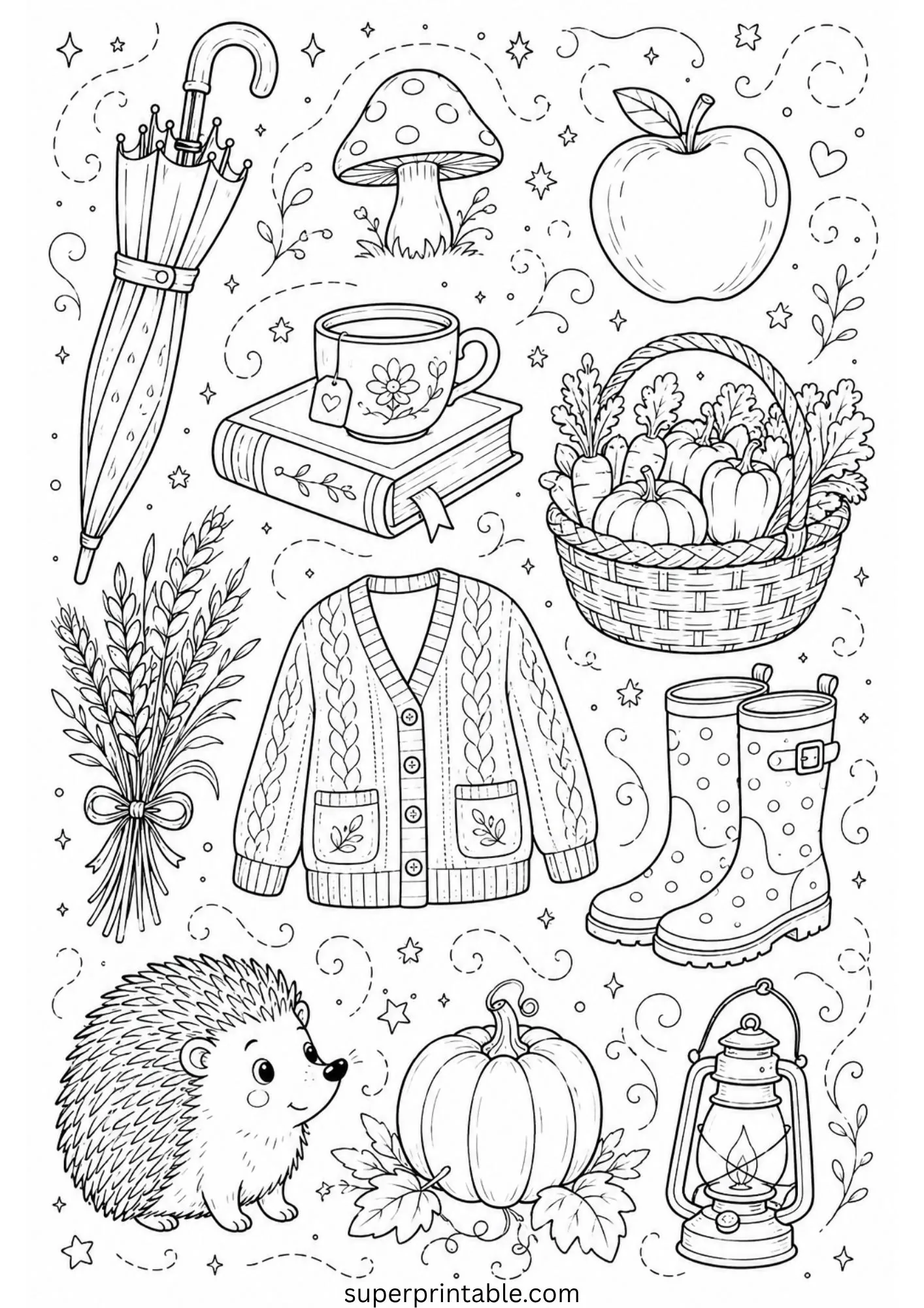 Charming line art of a harvest basket filled with pumpkins alongside a tea cup, hedgehog, and warm autumn sweater.