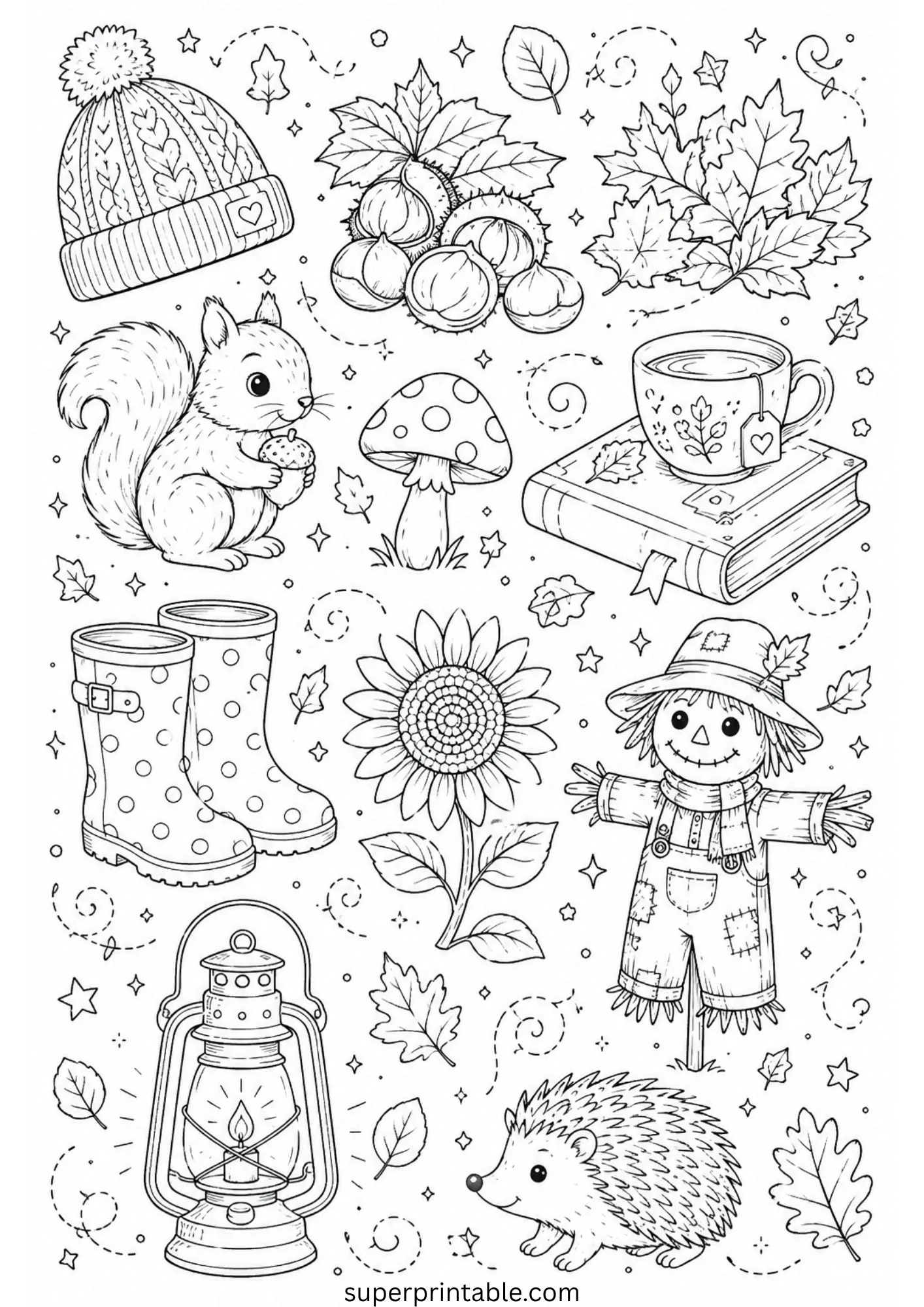 Autumn coloring illustration with a tea cup resting on a book, scarecrow, rain boots, and crawling hedgehog.