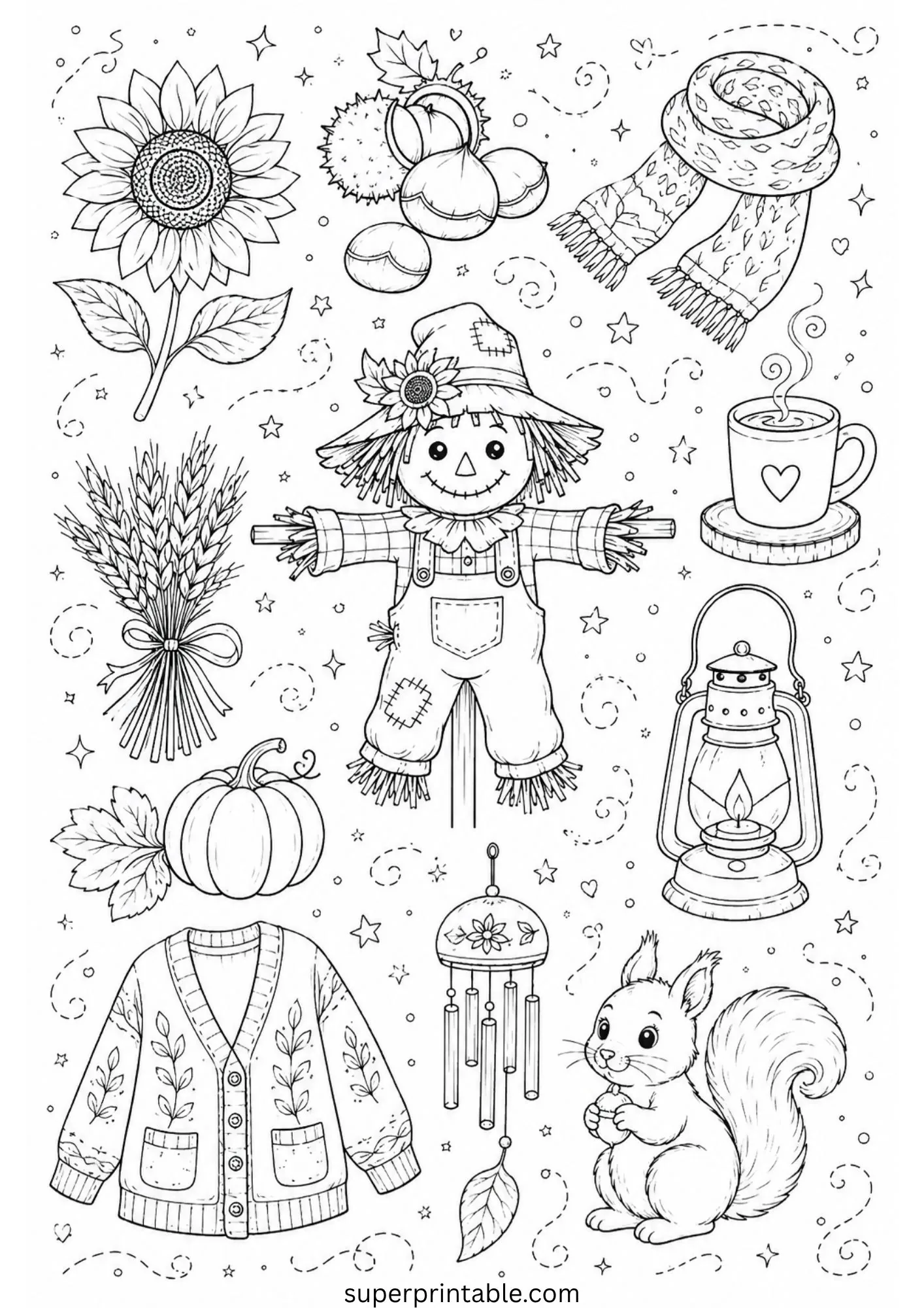 September doodle line art with a scarecrow, hanging wind chime, sunflower, lantern, and squirrel.