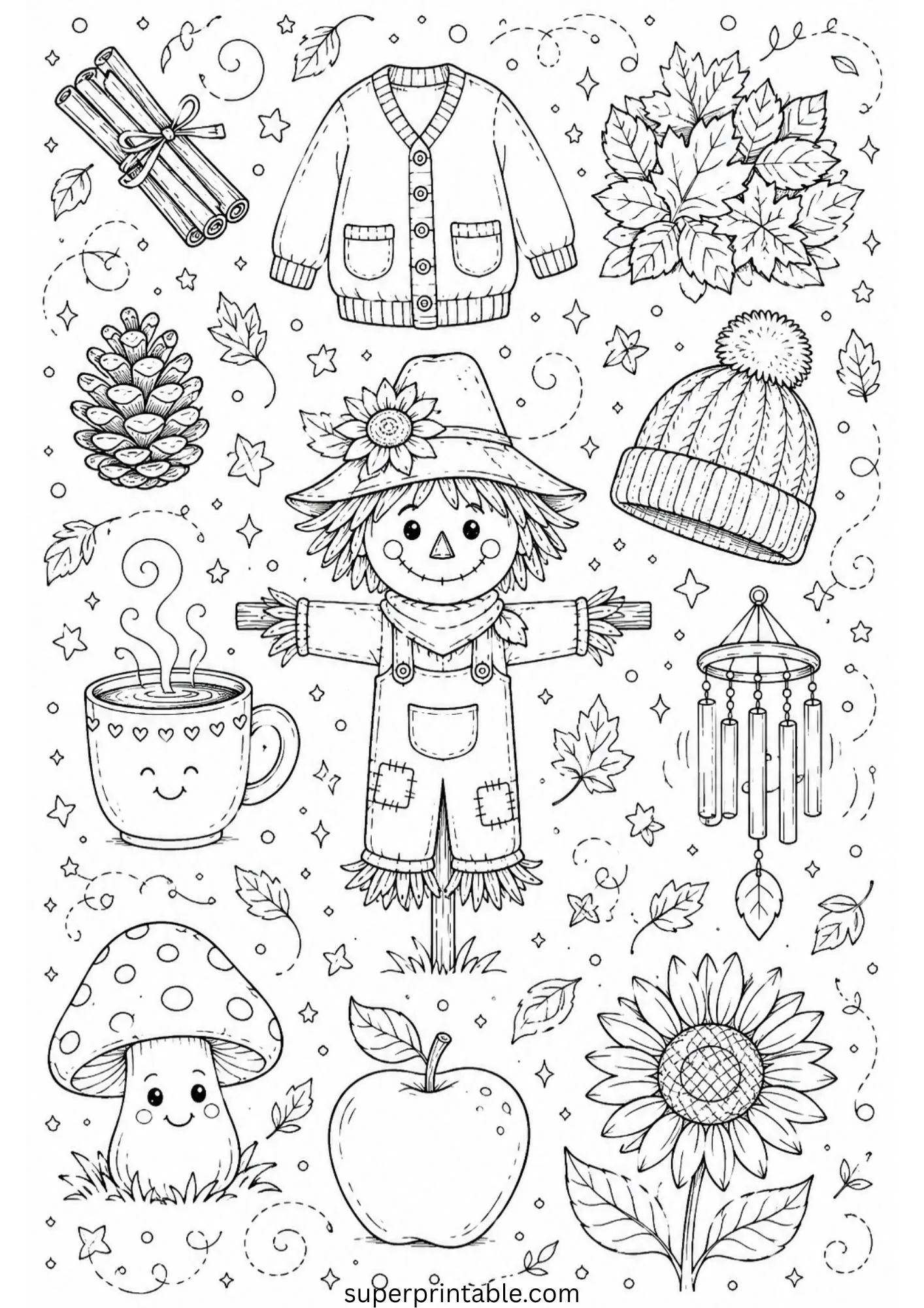 Cute fall coloring sheet featuring a smiling scarecrow surrounded by cinnamon sticks, coffee mug, and beanie.