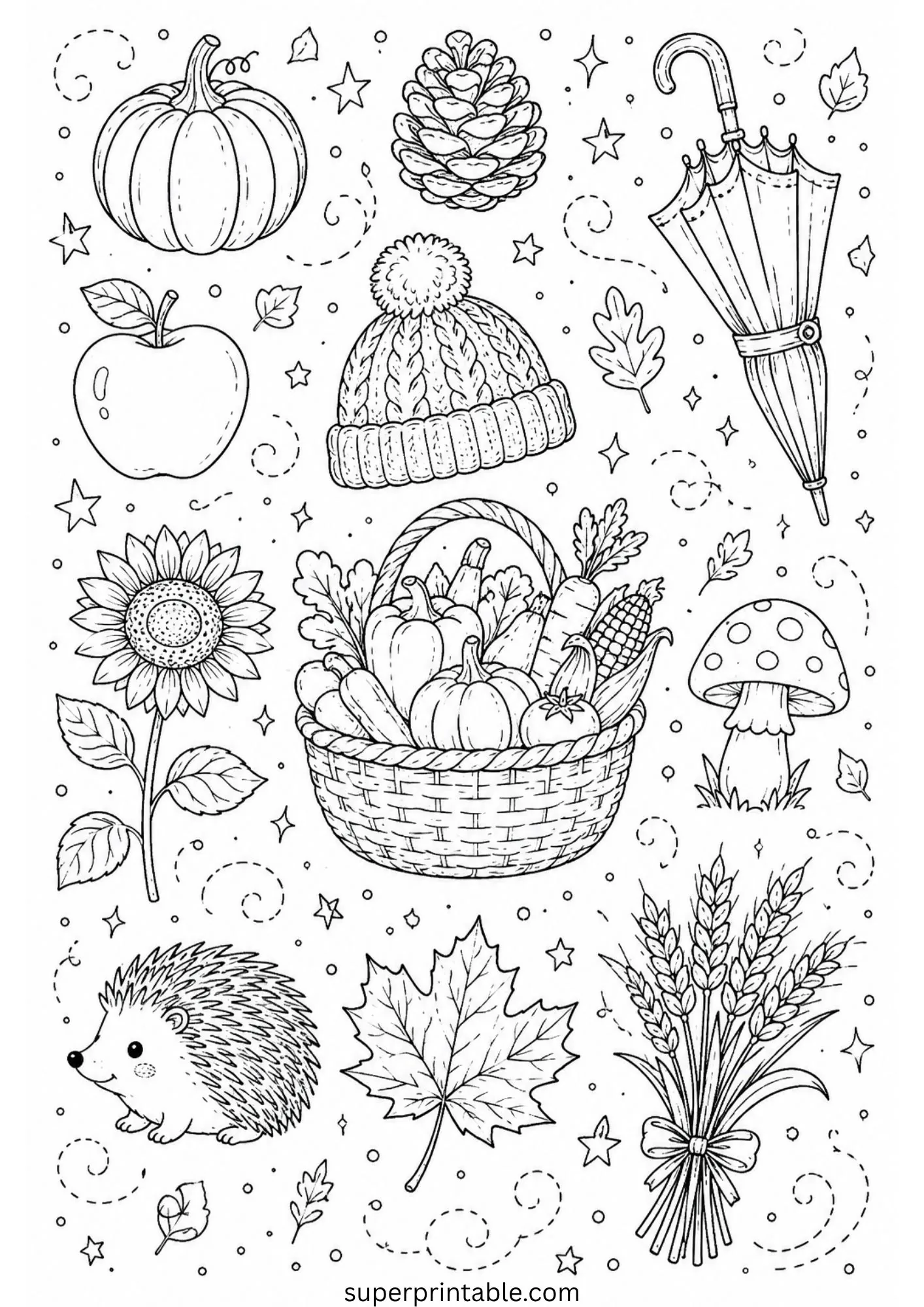 Doodle page featuring a full basket of garden vegetables, sunflower, hedgehog, and pinecone.