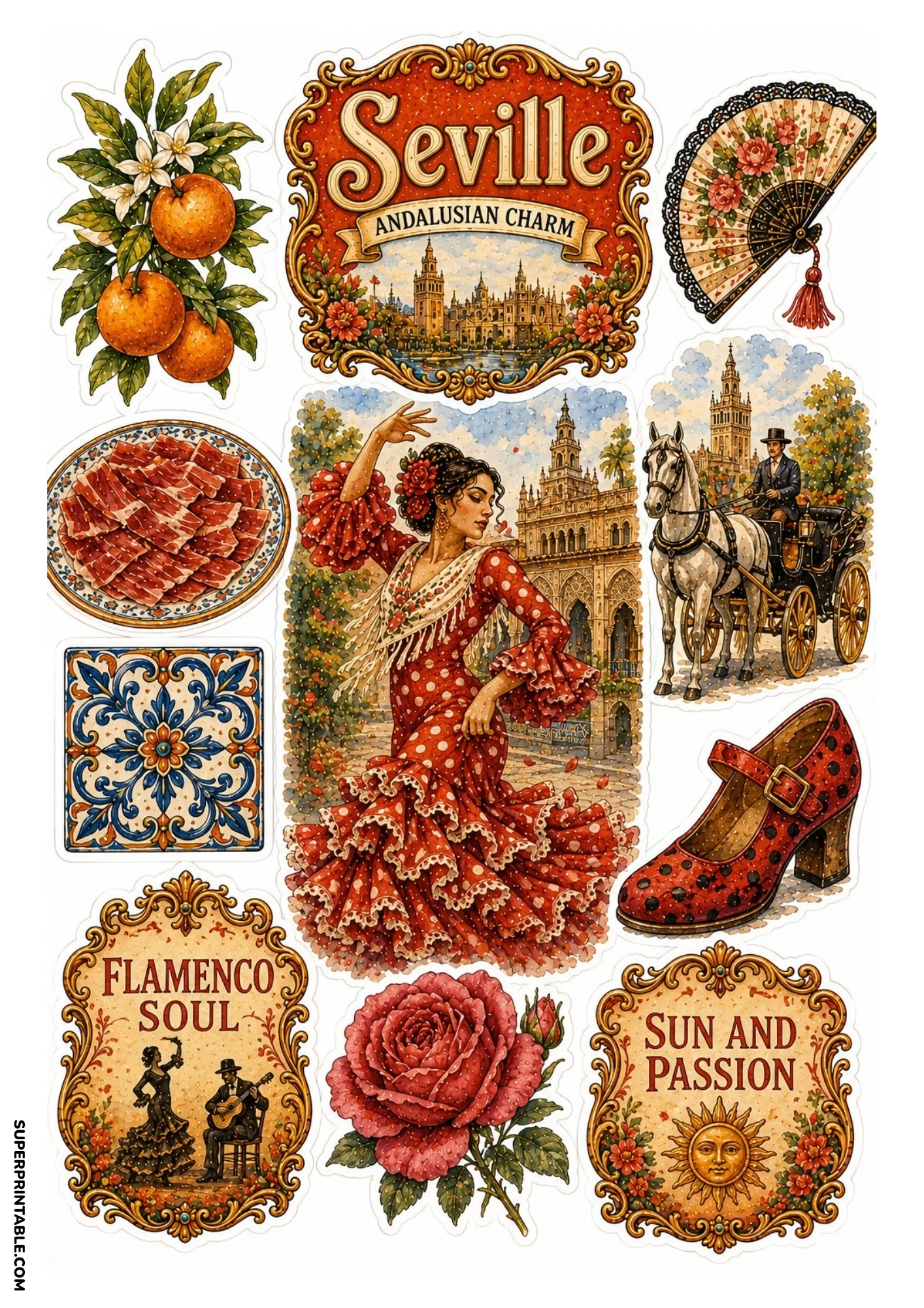 Seville Spain sticker sheet featuring flamenco dress, Plaza de Espana, and oranges