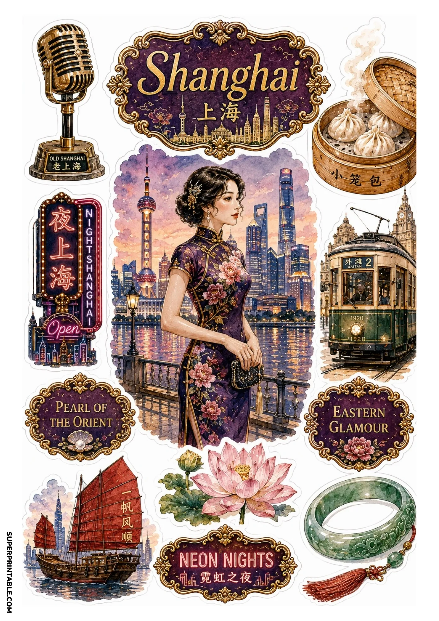 Shanghai travel sticker sheet showing Oriental Pearl Tower, qipao, and dumplings
