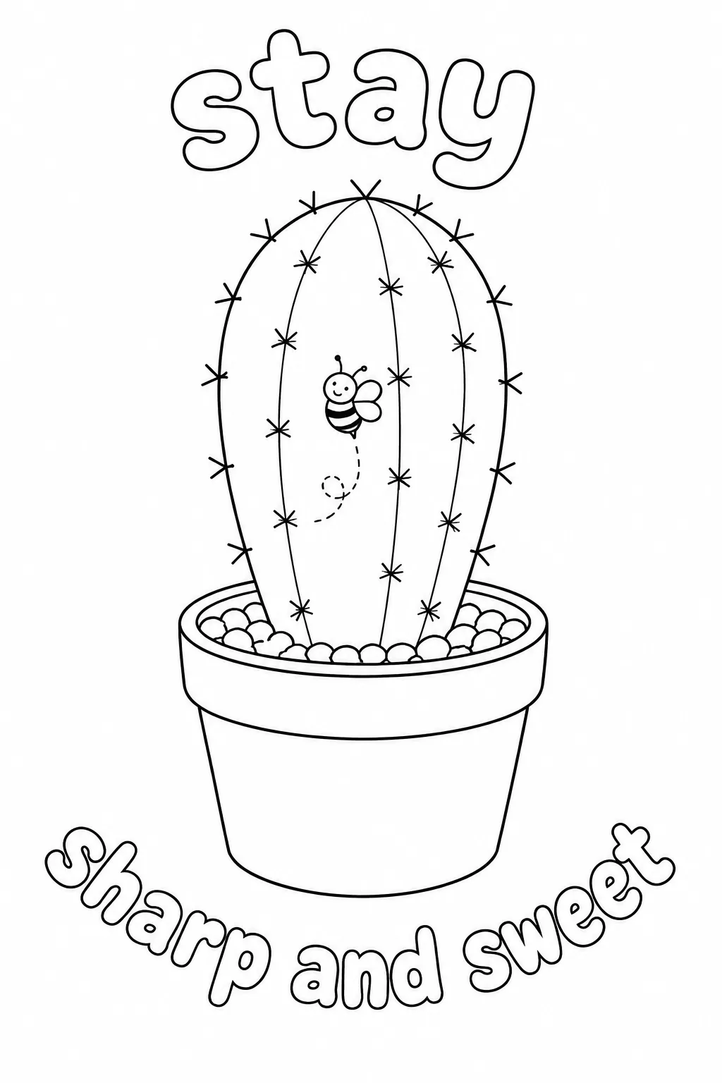 Cute smiling bee flying around a potted cactus to color.