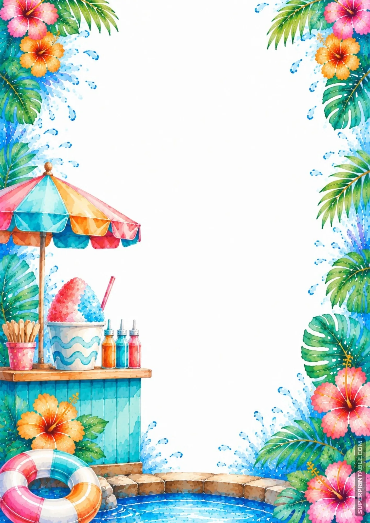 Vibrant watercolor frame featuring a summer shaved ice stand under a striped umbrella.