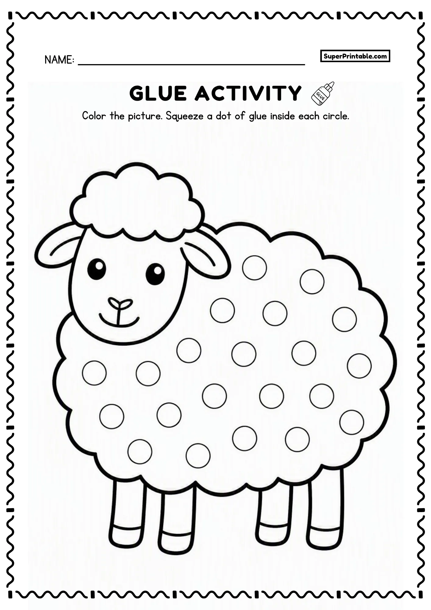 Printable sheep dot glue farm worksheet with fluffy woolly body and dot circles for preschoolers