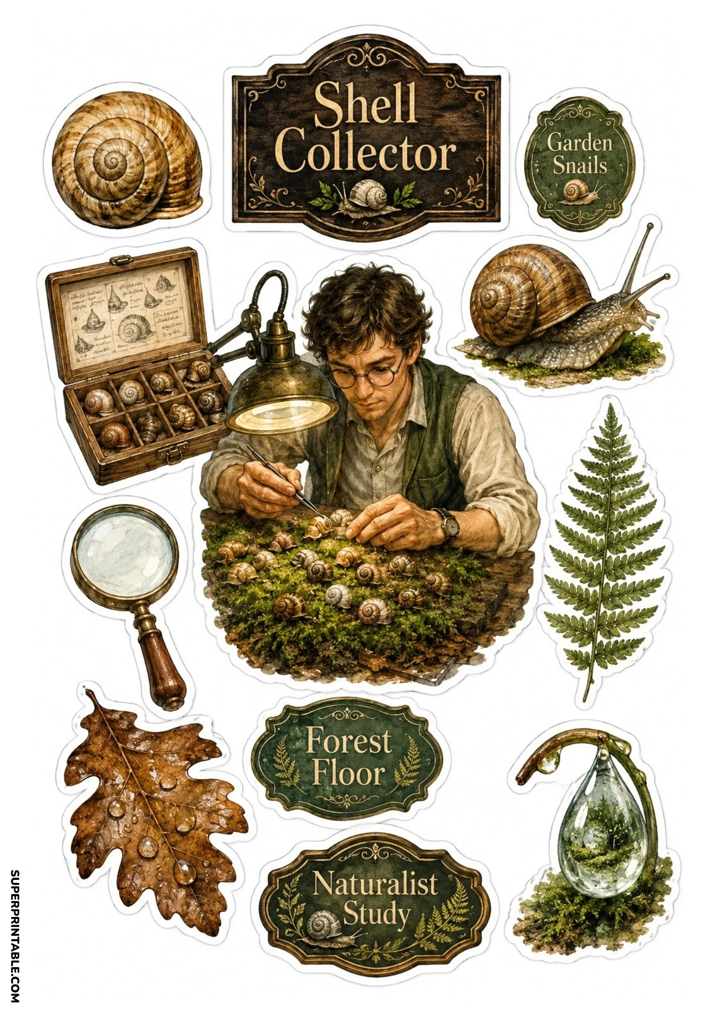 Vintage naturalist study stickers showing a scientist examining snail shells with a microscope lamp.