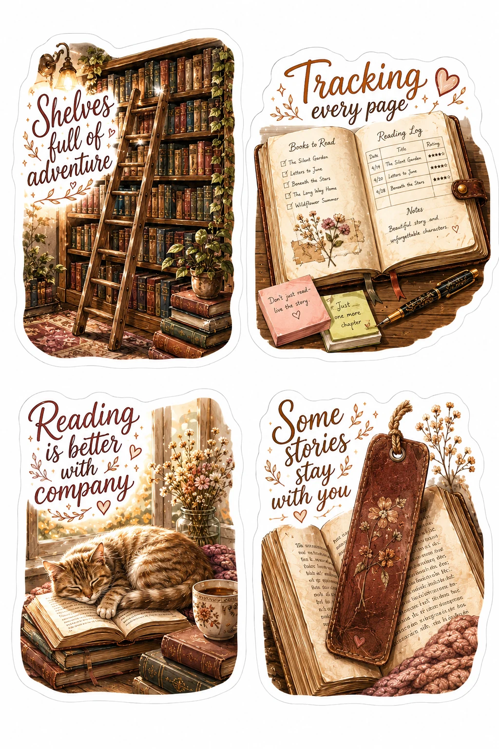 Shelves Full Adventure Reading Company Cat Sheet featuring cozy reading nooks, vintage library books, armchair reading, and bookshop aesthetics.