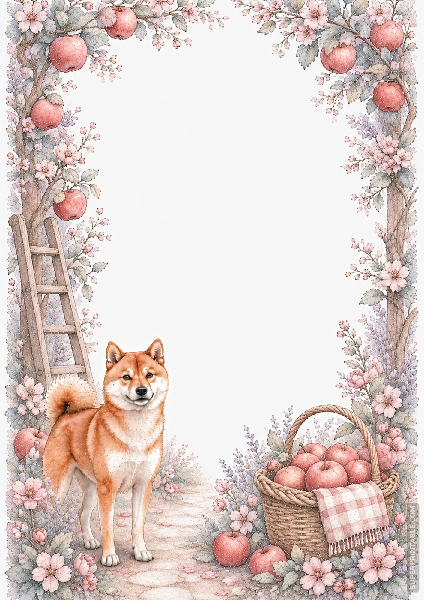 Red Shiba Inu dog in a soft watercolor apple orchard border frame with red apples and blossoms.