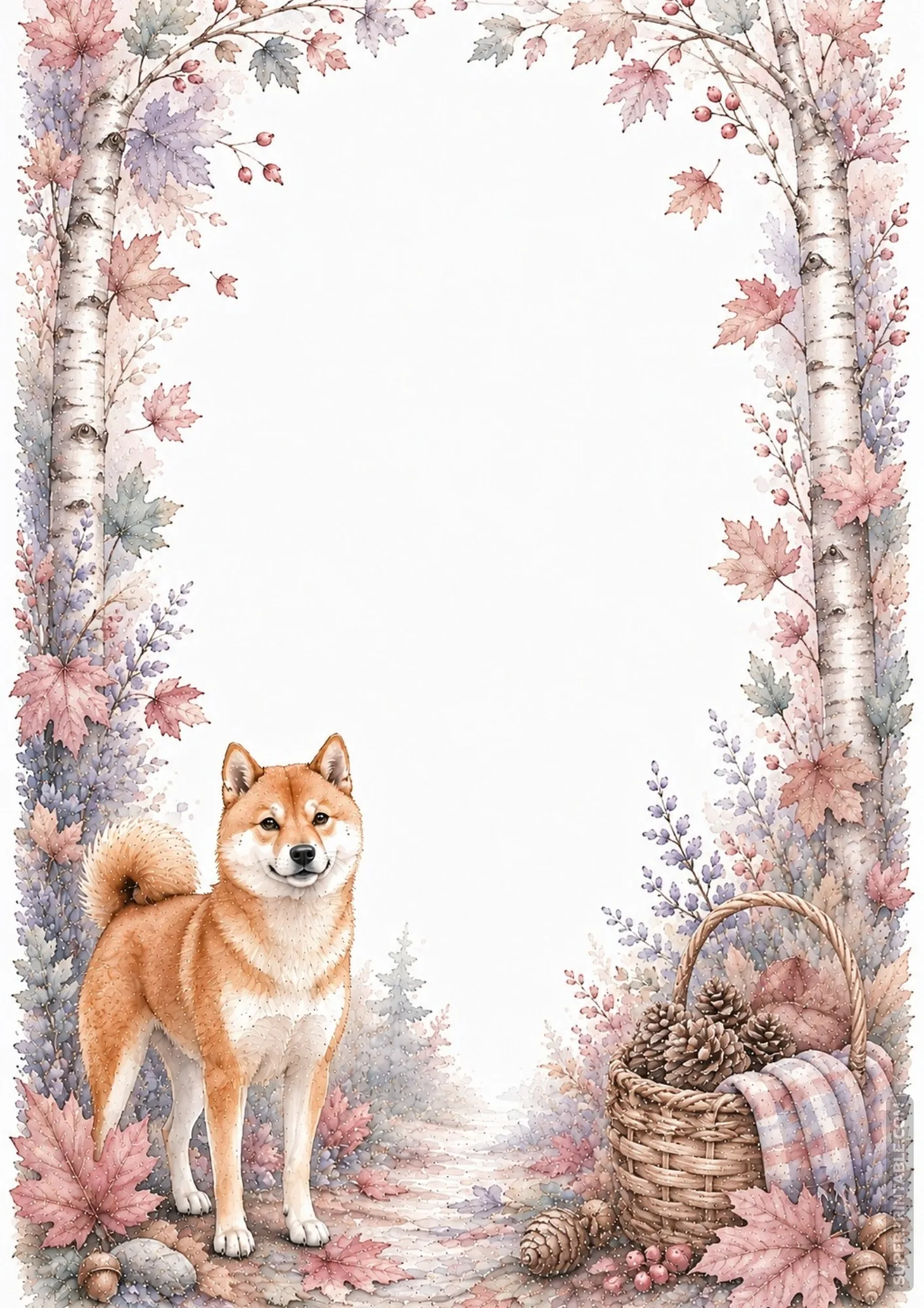 Red Shiba Inu dog standing in an autumn birch forest with pink and copper falling leaves border.