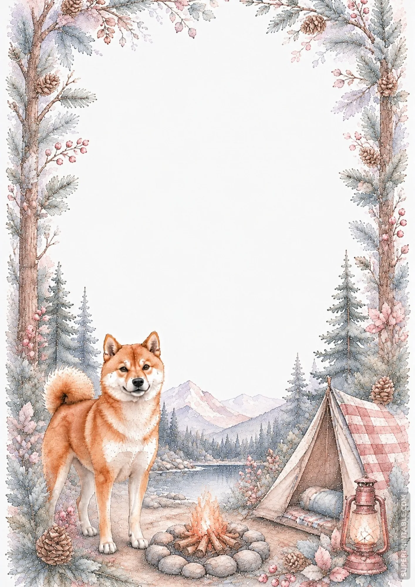 Red Shiba Inu standing beside a cozy campfire and tent in a pine forest watercolor frame.