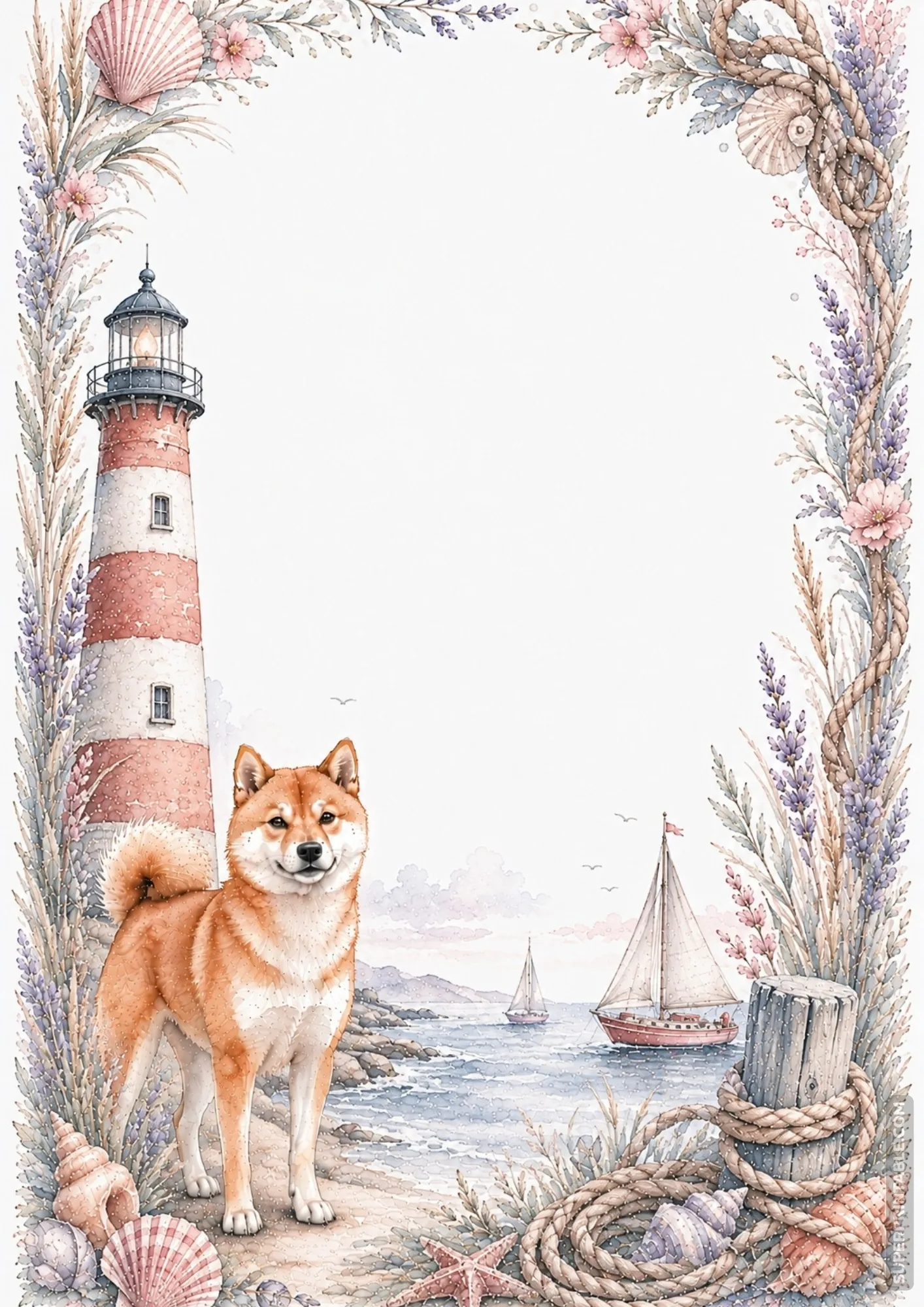 Red Shiba Inu standing on a sandy shore next to a lighthouse in a coastal watercolor border.