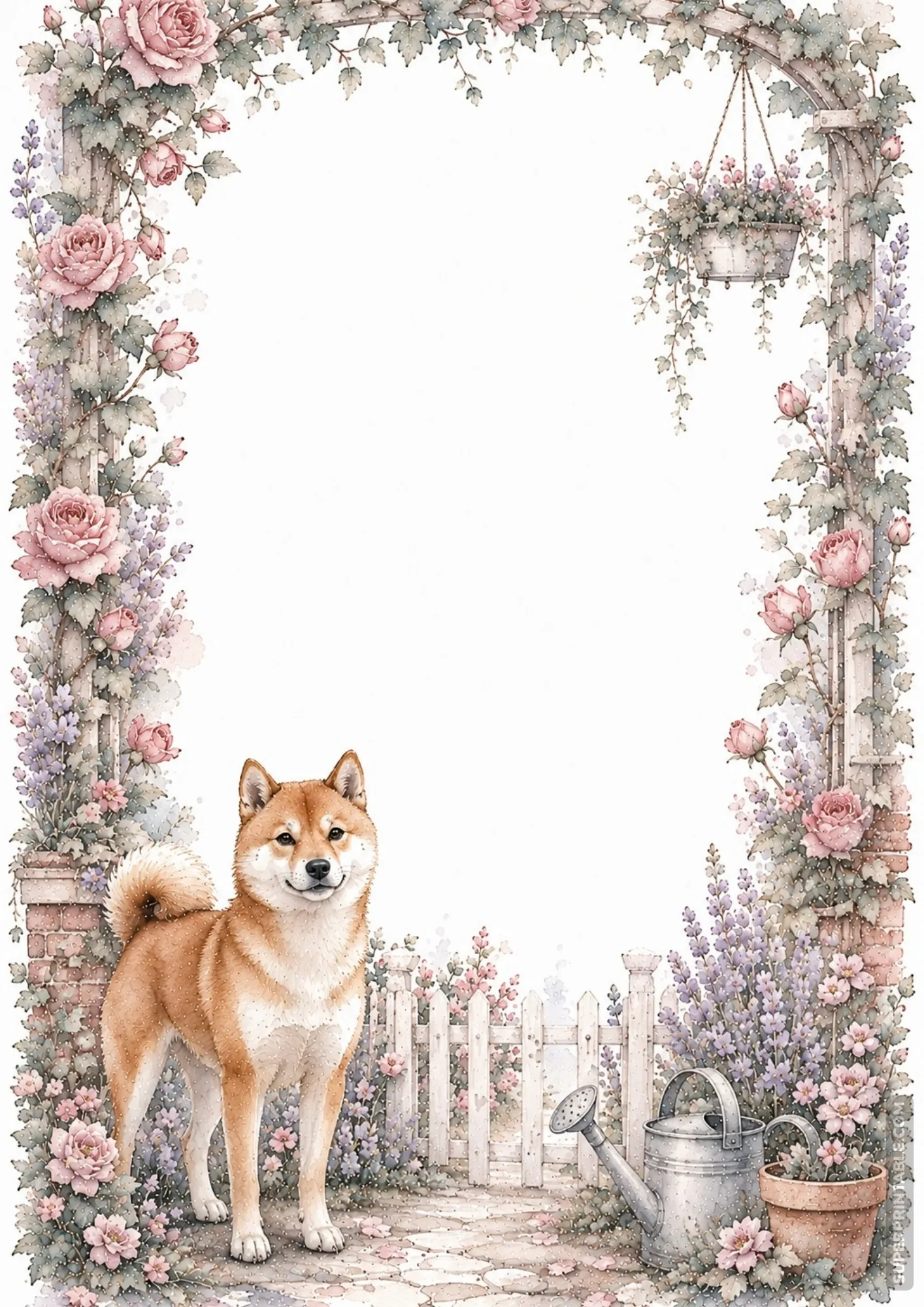 Red Shiba Inu standing at a white picket garden gate surrounded by pink roses watercolor border.