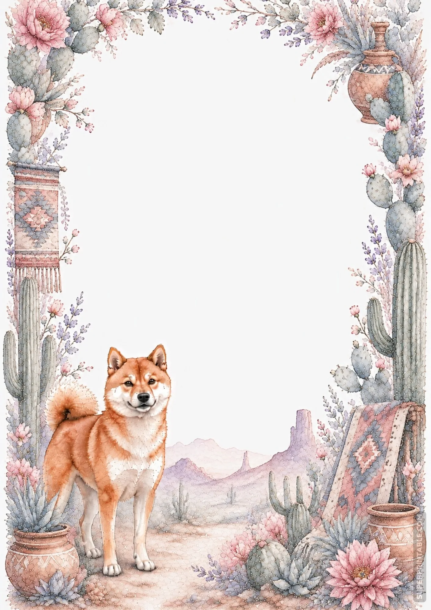 Red Shiba Inu standing beside desert cacti and pink succulents in a soft watercolor border frame.