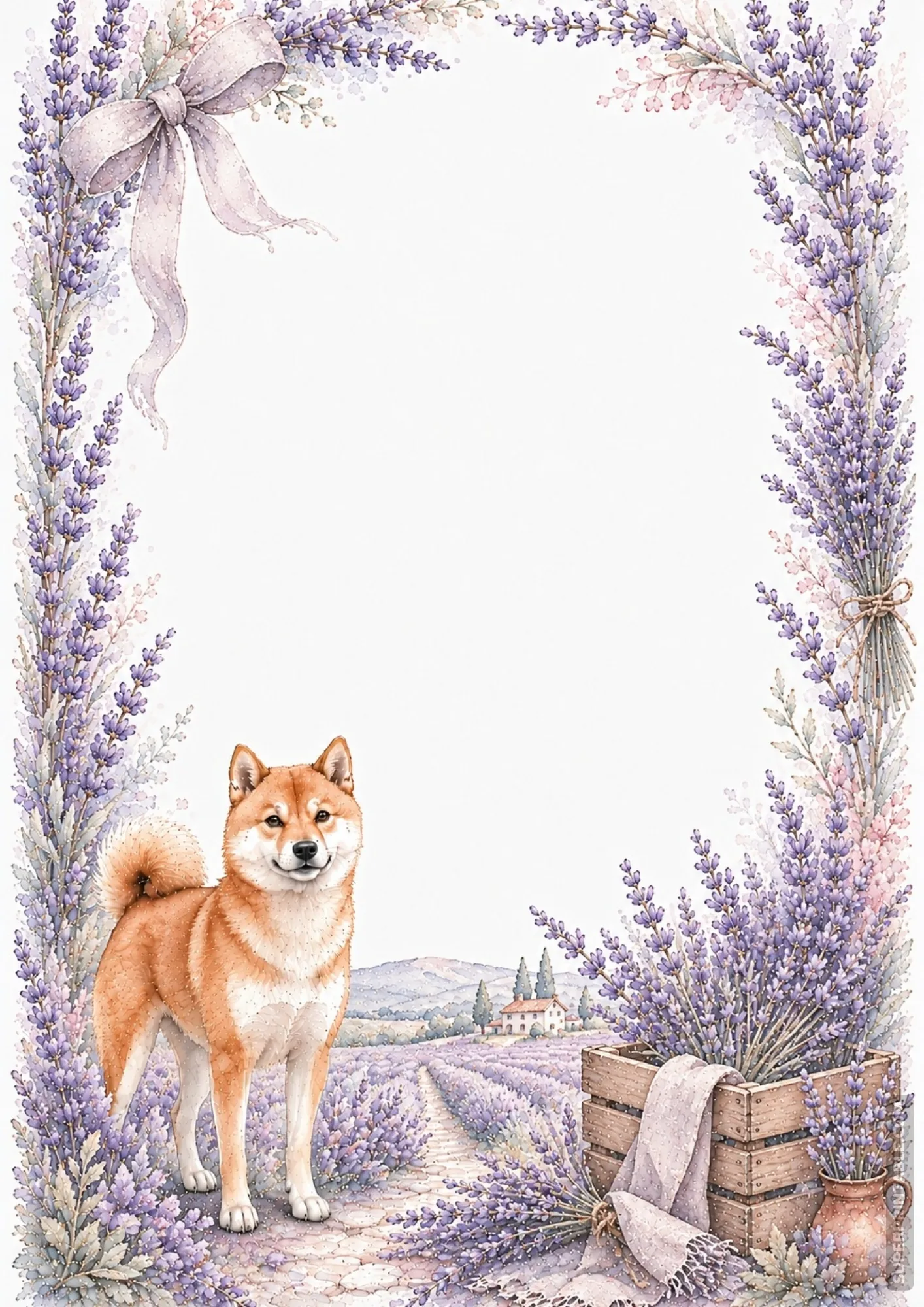 shiba inu border pages featuring a red dog standing in a purple lavender field in Provence.