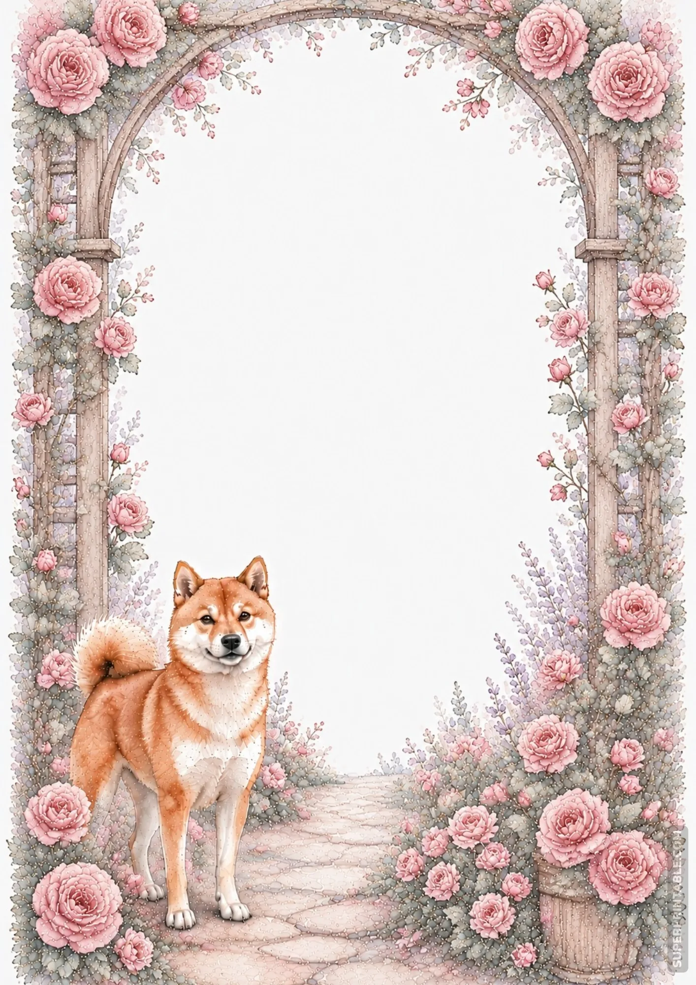 Red Shiba Inu dog standing before a romantic pink rose trellis arch watercolor page border.