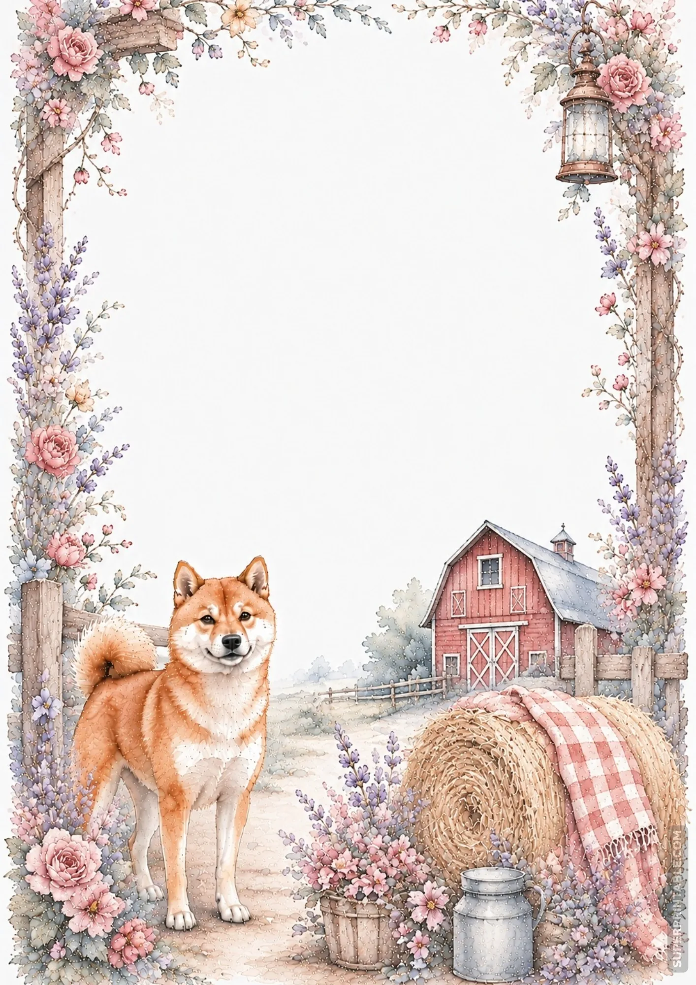 Red Shiba Inu dog near a red barn and hay bale in a rustic country watercolor border frame.