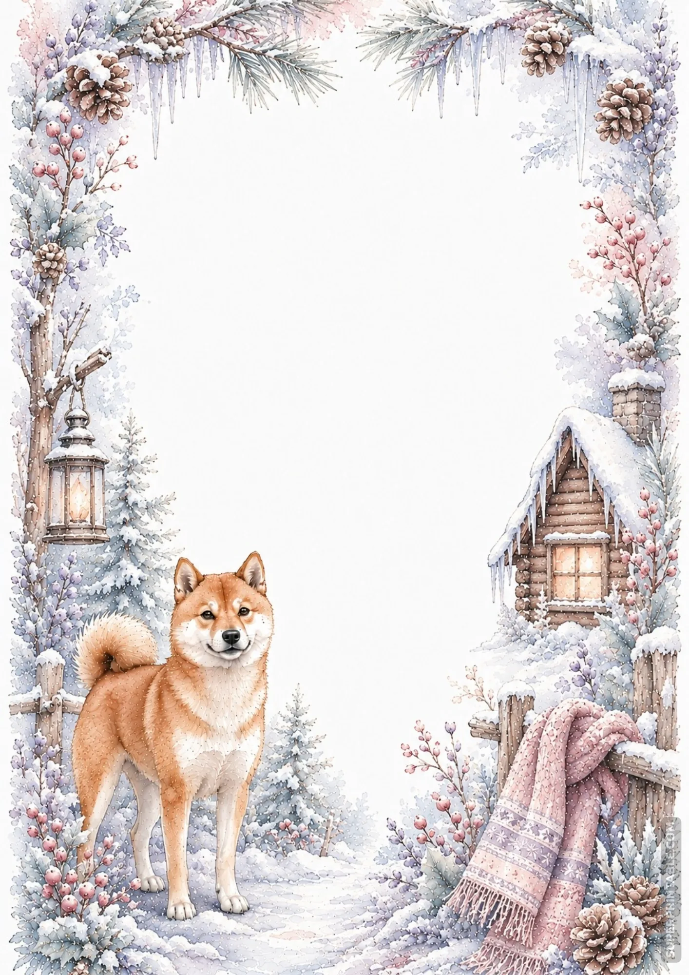 shiba inu border pages displaying a red dog standing in a snowy winter cottage landscape frame.