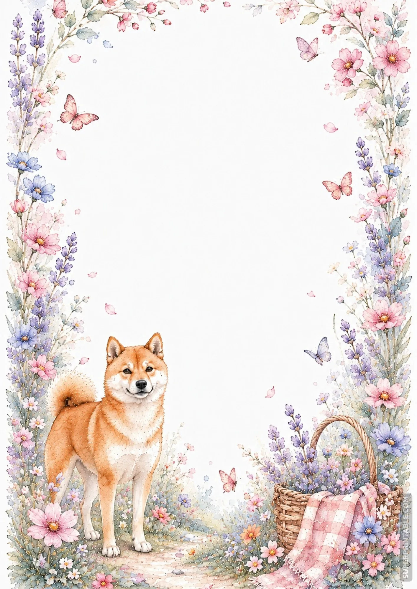 Red Shiba Inu dog standing in a soft wildflower meadow with fluttery butterflies watercolor border.