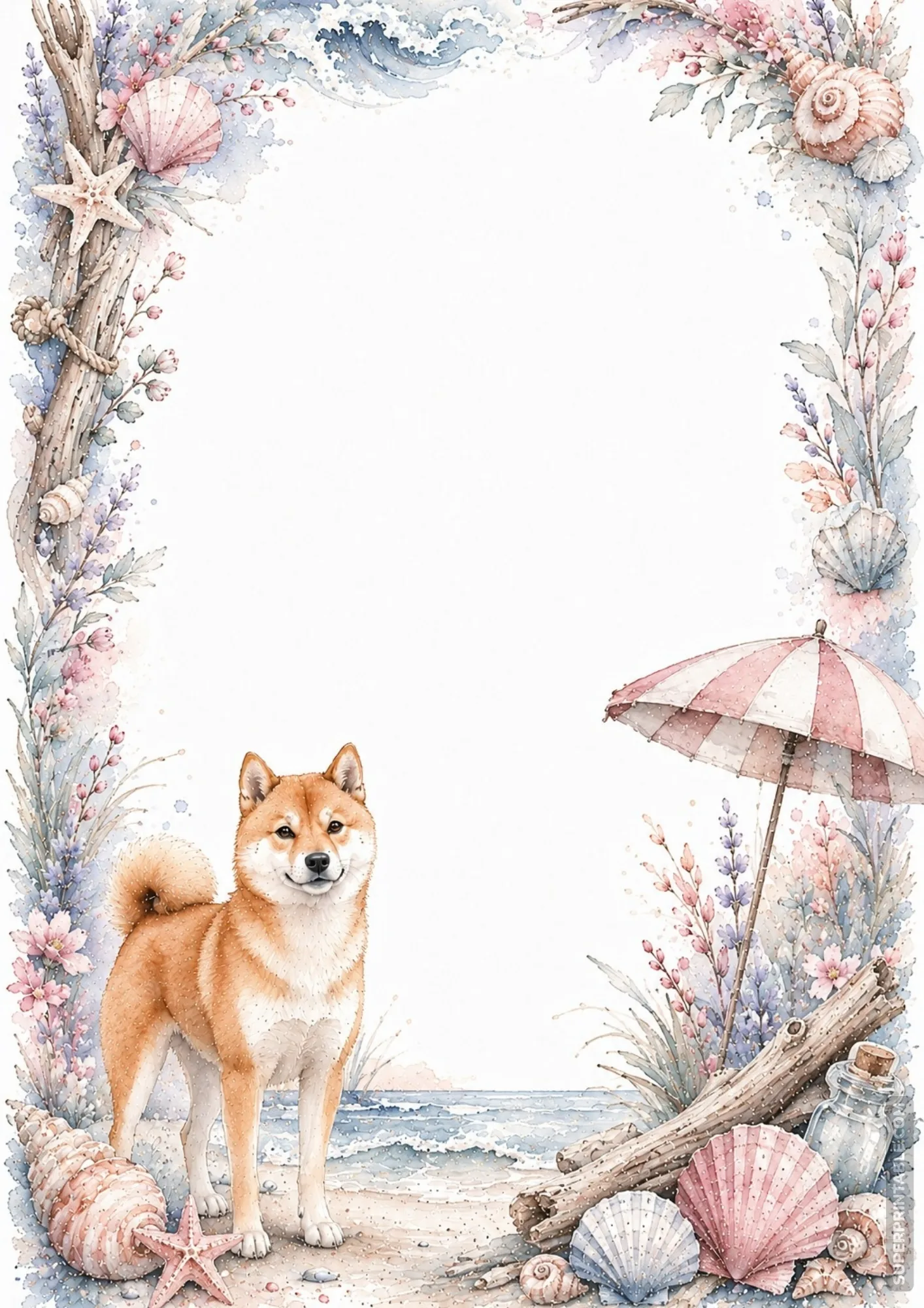 Red Shiba Inu on a sandy beach beside a pink striped beach umbrella watercolor border frame.