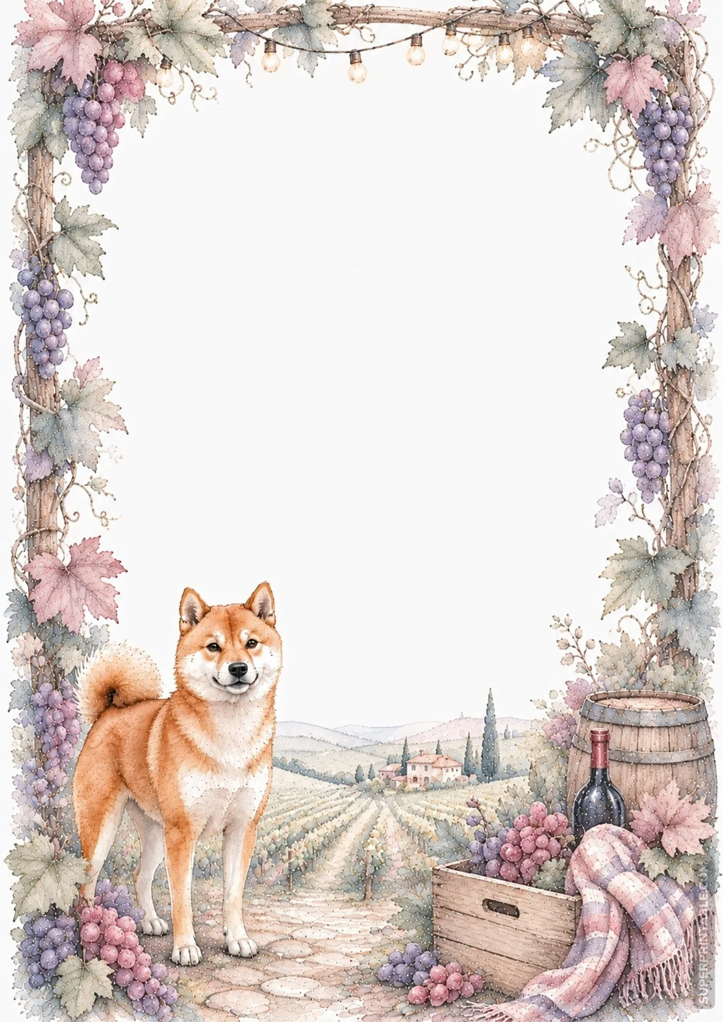 Red Shiba Inu dog in a vineyard frame with grape clusters and a wooden wine barrel.