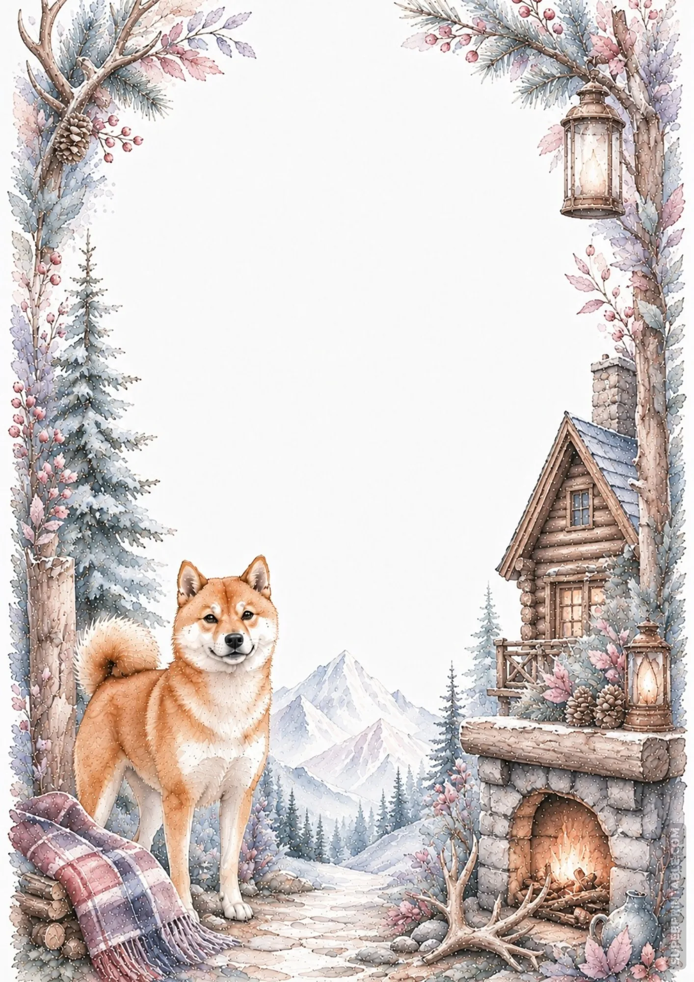 Red Shiba Inu standing by a stone fireplace near a snowy cabin in a winter watercolor border.