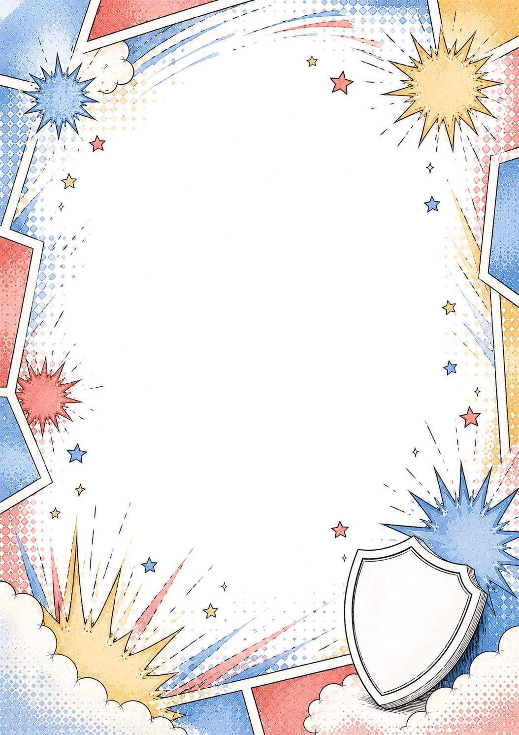 Superhero shield border with comic bursts, stars, halftone dots, and colorful action panels
