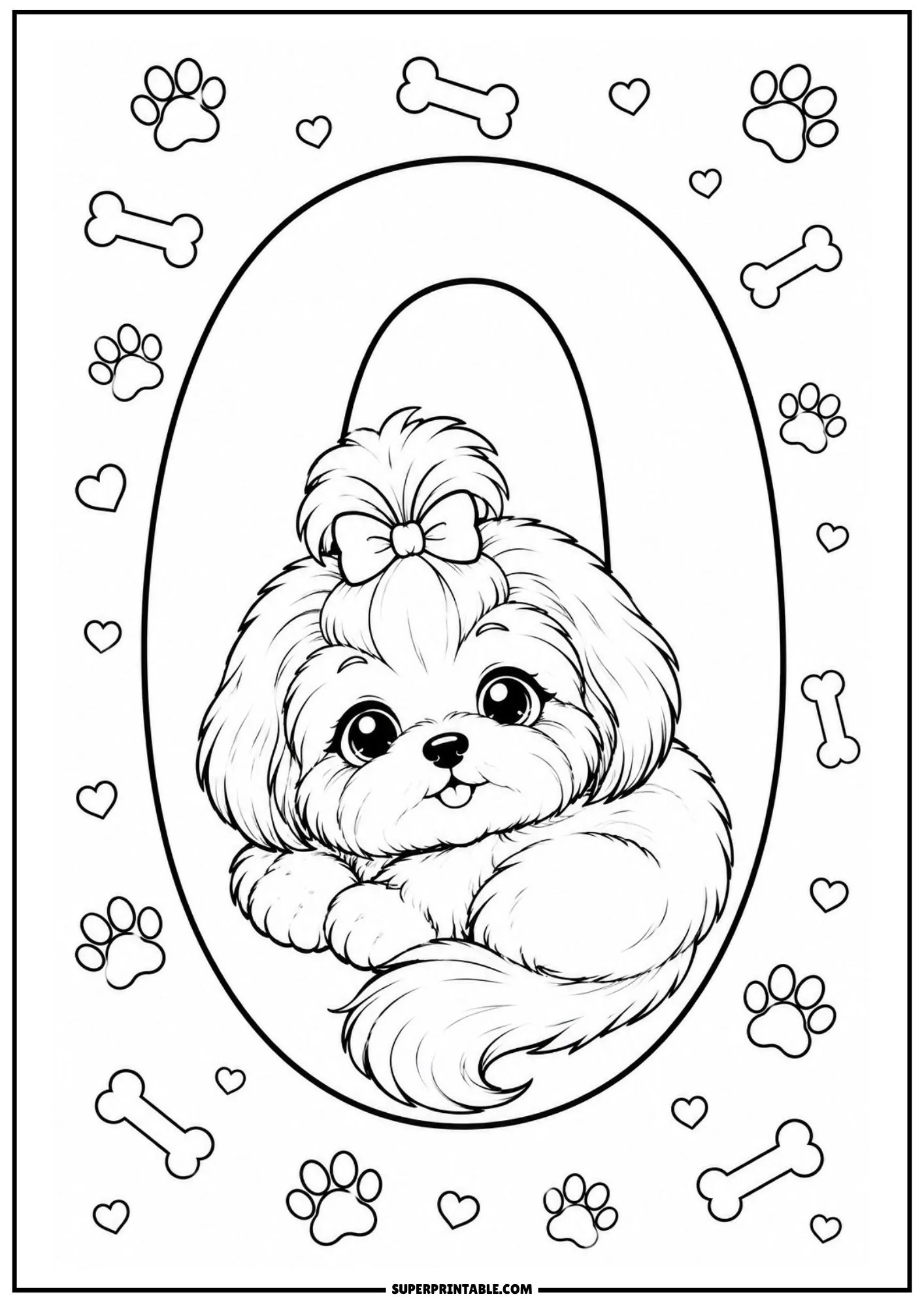 Shih tzu numbers coloring pages sheet with a puppy inside a large zero.