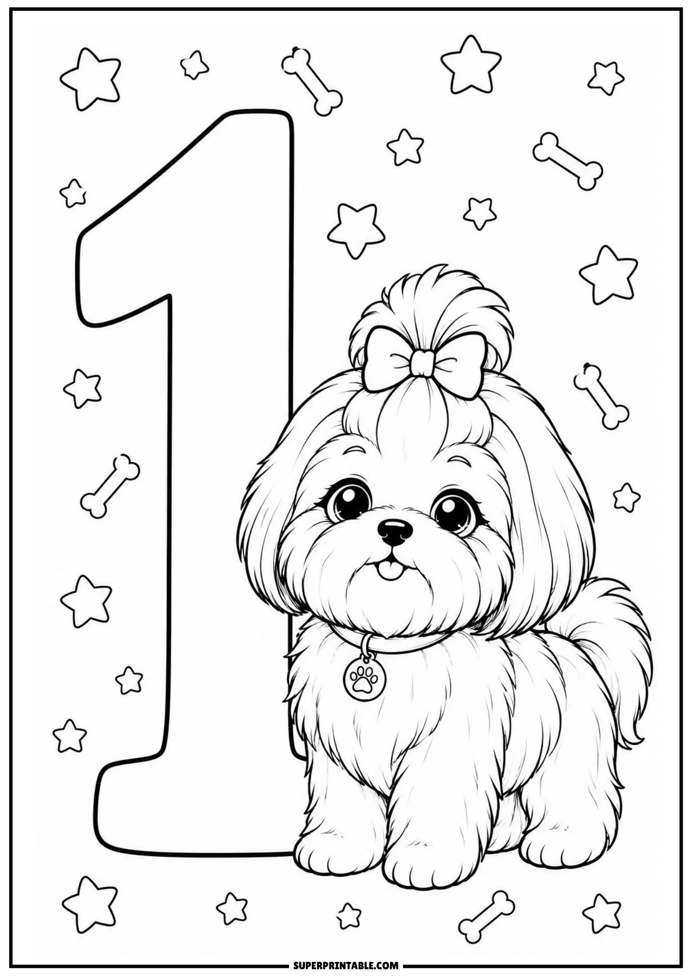 Cute Shih Tzu puppy standing proudly next to a big number one coloring page.