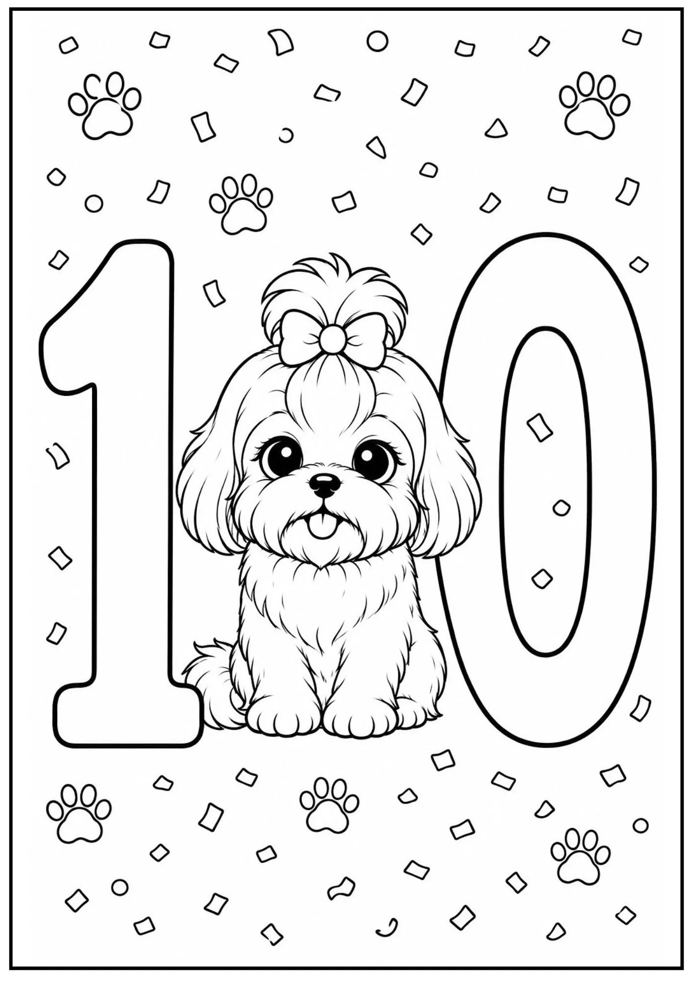 Cute Shih Tzu puppy seated right between digits one and zero for number ten.