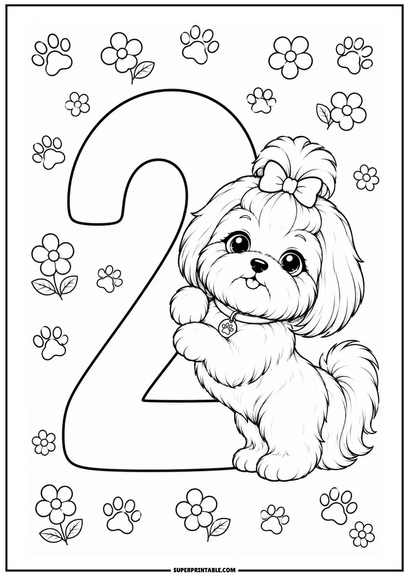 Cute fluffy Shih Tzu puppy hugging a large number two line art template.
