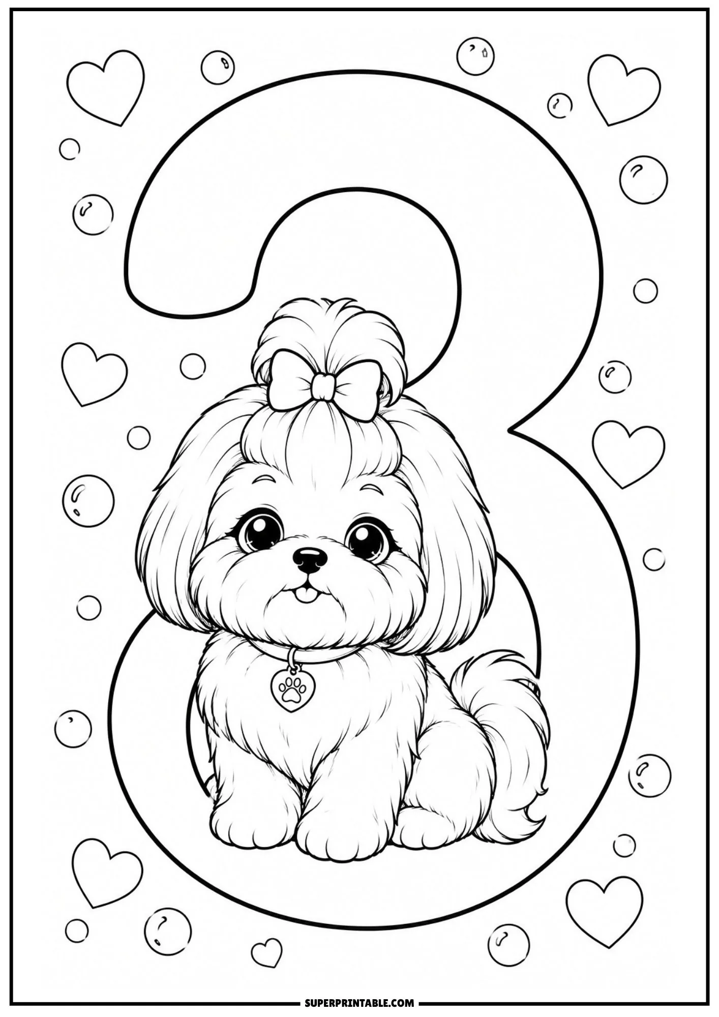 Shih Tzu puppy sitting inside a giant number three surrounded by hearts.
