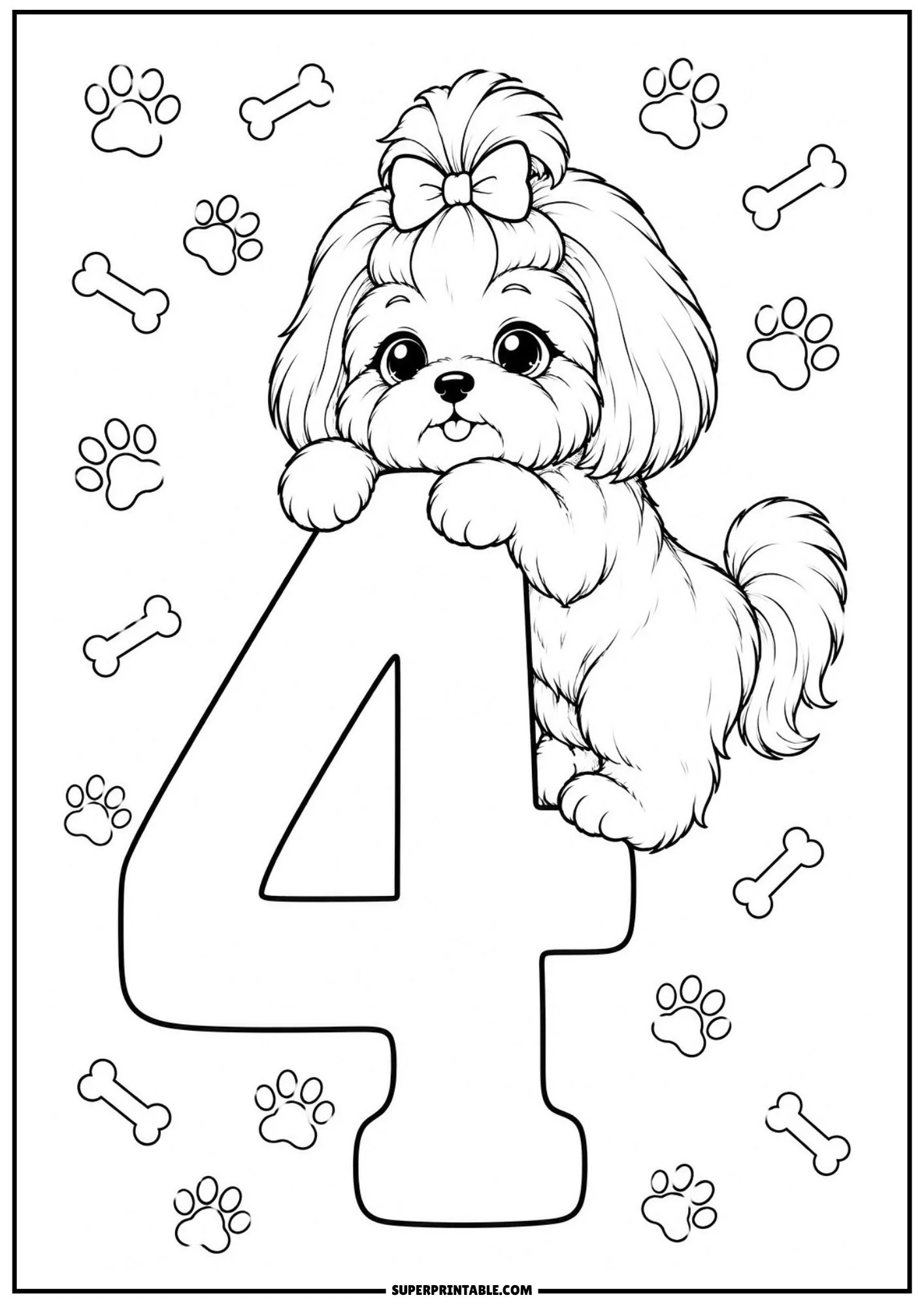 Shih tzu numbers coloring pages featuring a pup peeking over number four.