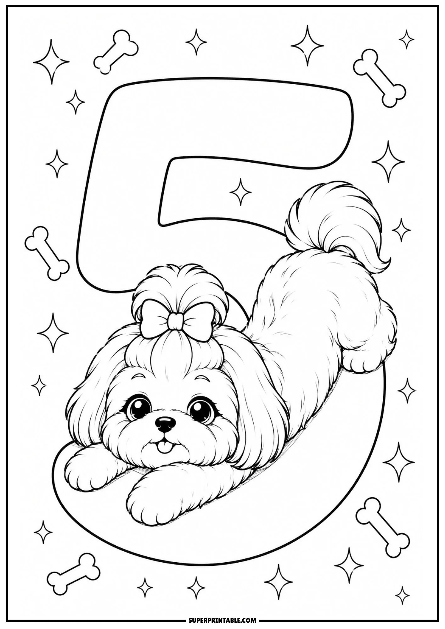 Little Shih Tzu dog stretching out along the bottom curve of number five.