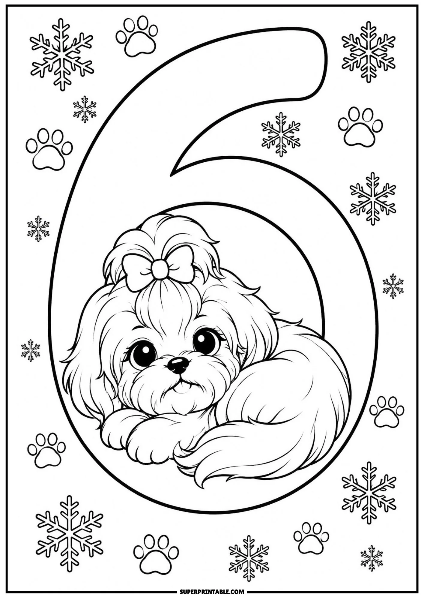Fluffy Shih Tzu puppy resting peacefully inside a large number six outline.