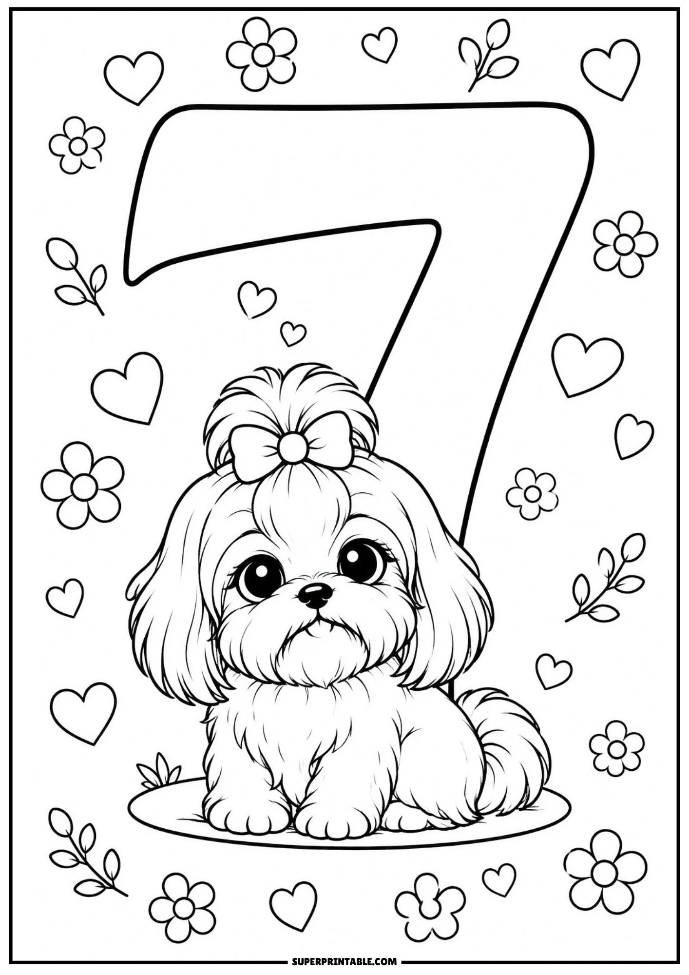 Cute puppy sitting in front of a giant number seven with floral elements.
