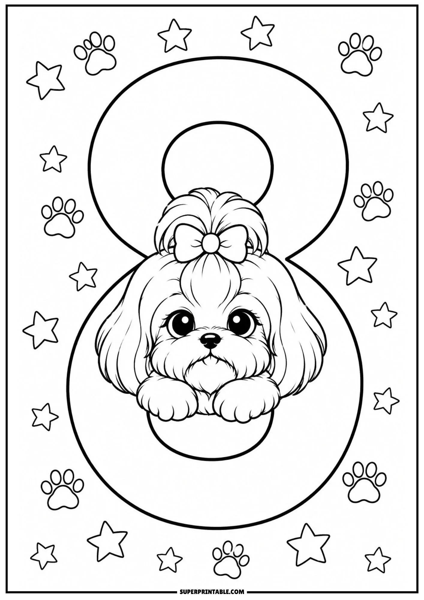 Playful Shih Tzu puppy peeking out from inside the loop of number eight.