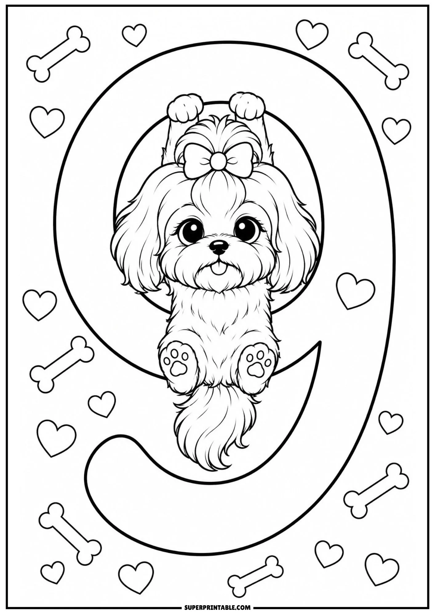 Adorable Shih Tzu dog holding onto the top curve of number nine printable.