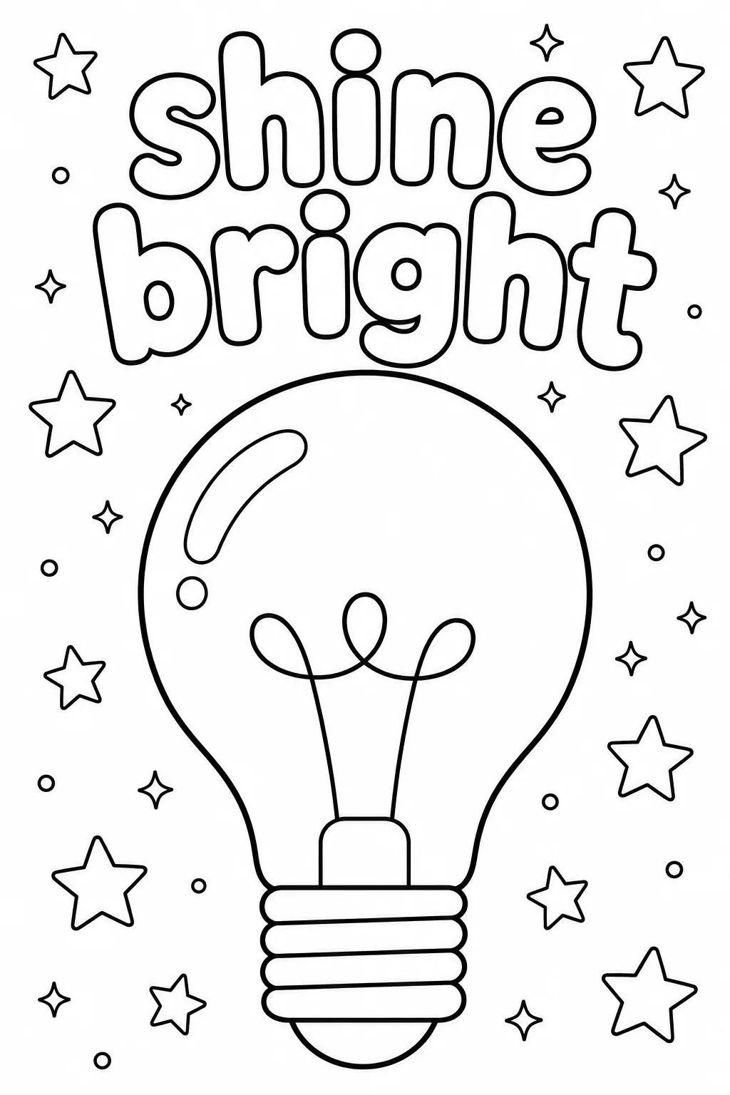 Inspirational shine bright text banner above a simple light bulb coloring page for kids.
